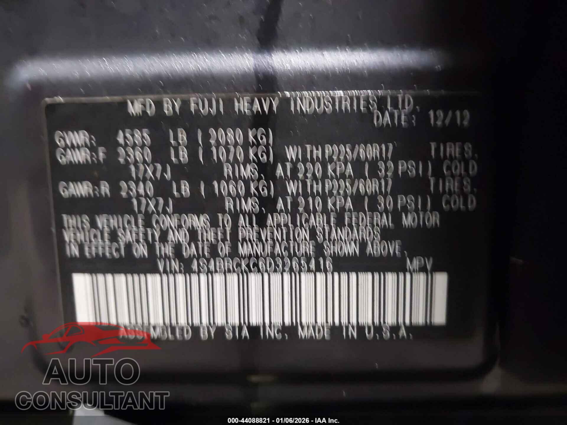 SUBARU OUTBACK 2013 - 4S4BRCKC6D3265416