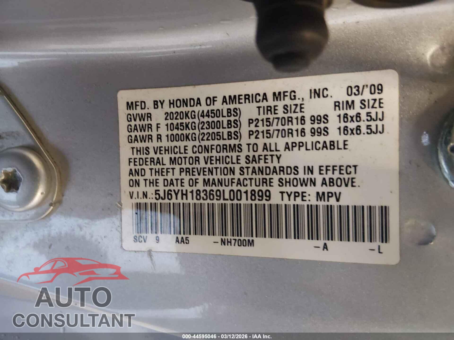 HONDA ELEMENT 2009 - 5J6YH18369L001899