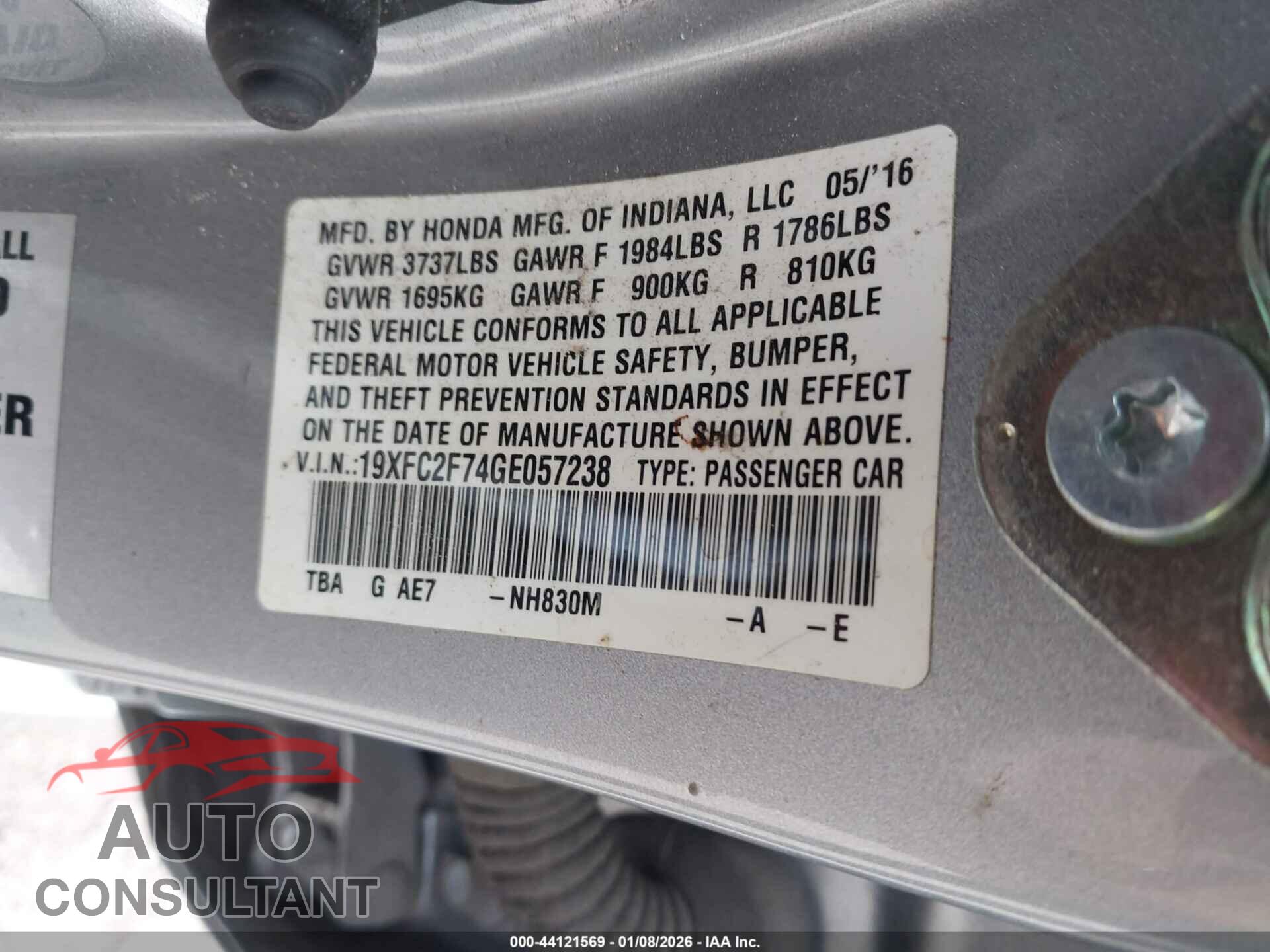 HONDA CIVIC 2016 - 19XFC2F74GE057238