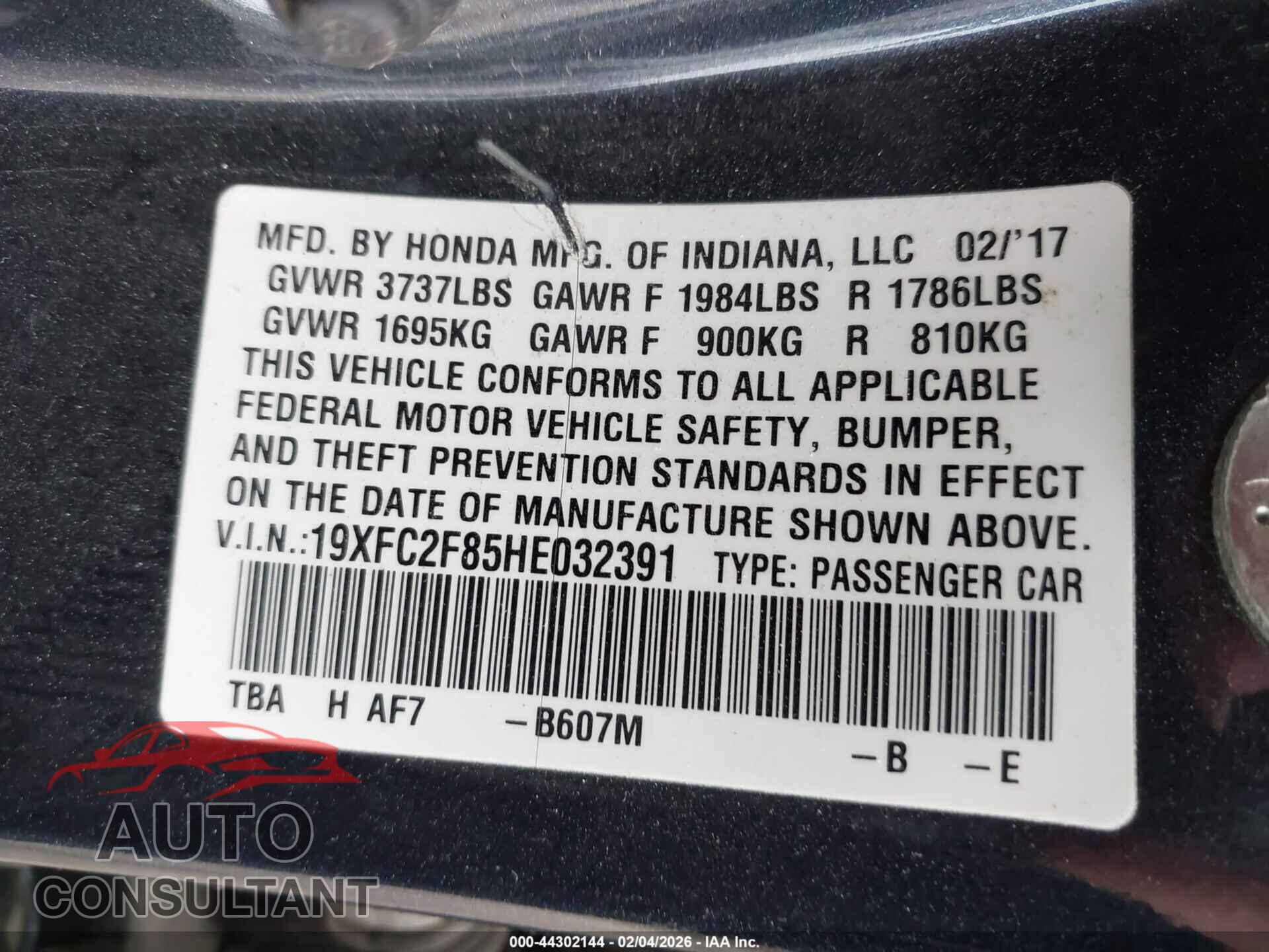 HONDA CIVIC 2017 - 19XFC2F85HE032391