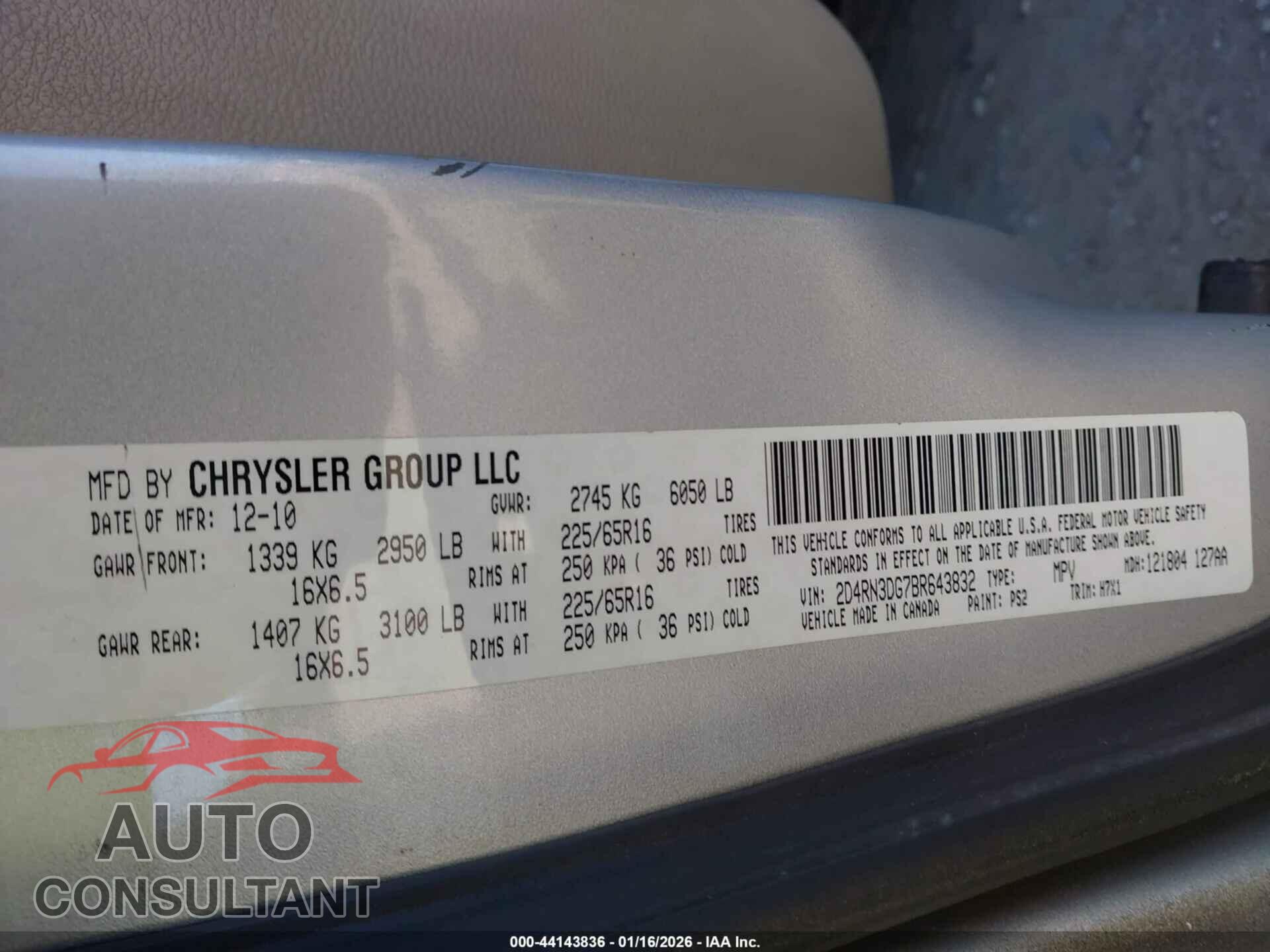 DODGE GRAND CARAVAN 2011 - 2D4RN3DG7BR643832