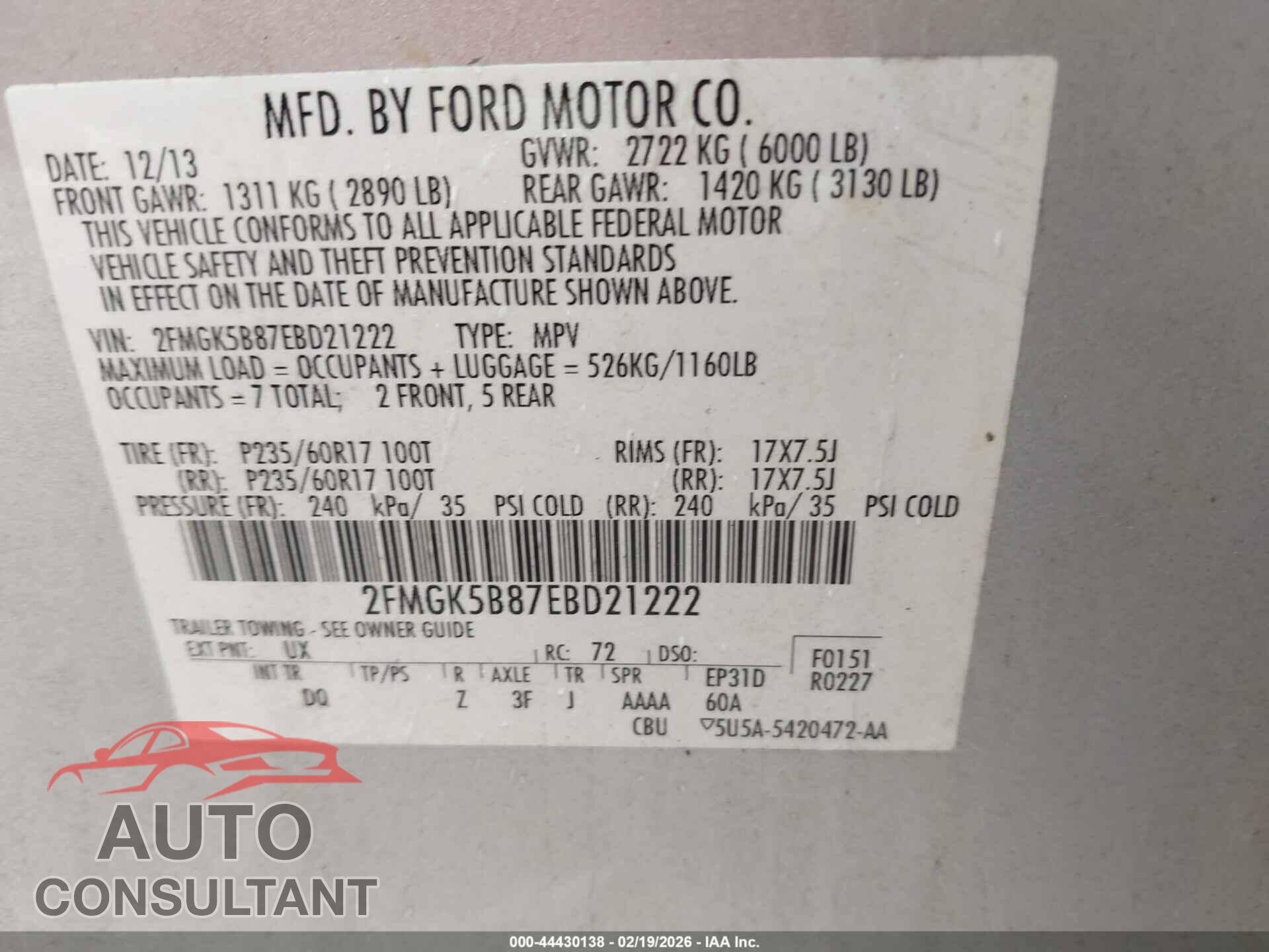 FORD FLEX 2014 - 2FMGK5B87EBD21222