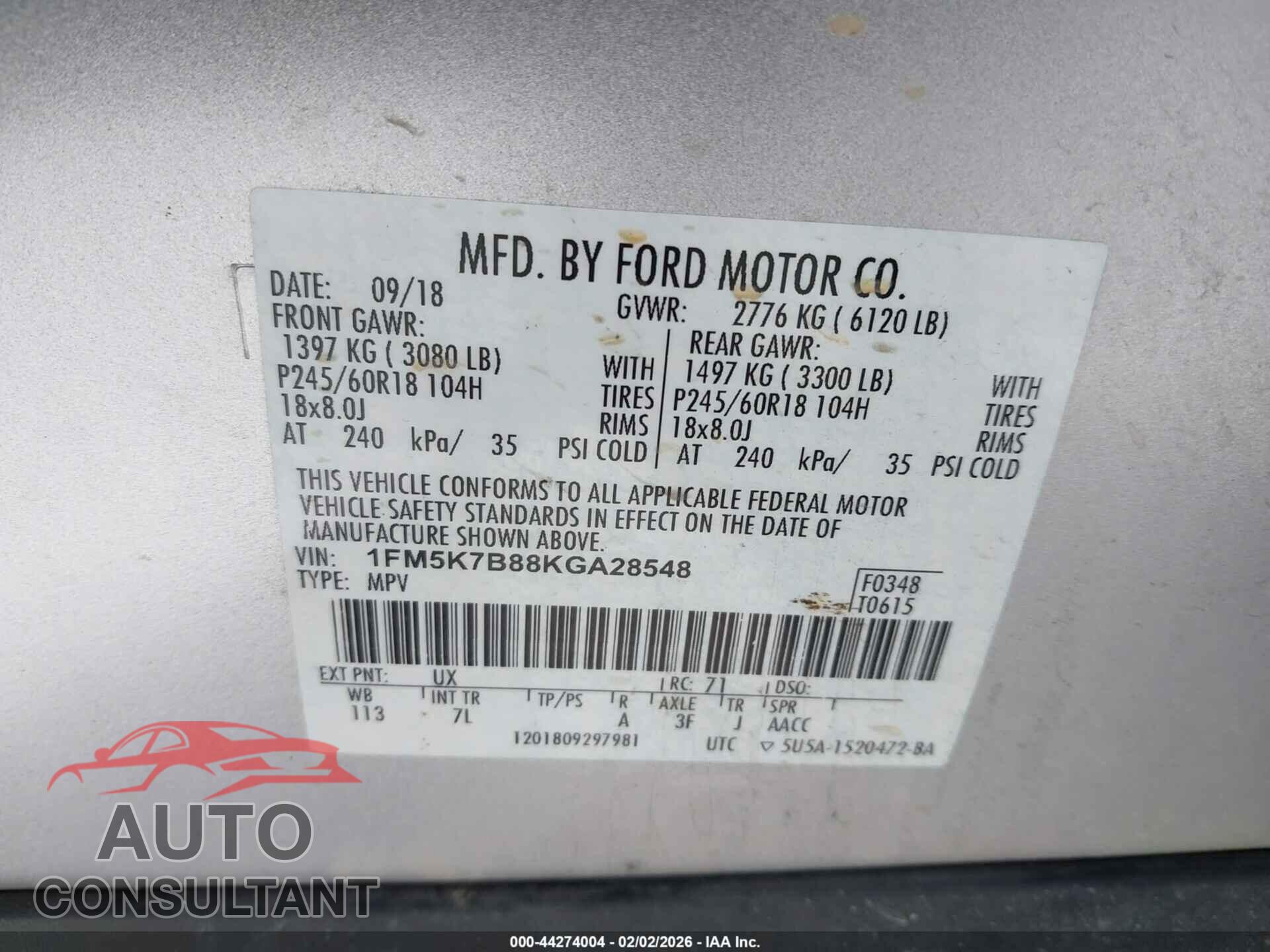 FORD EXPLORER 2019 - 1FM5K7B88KGA28548