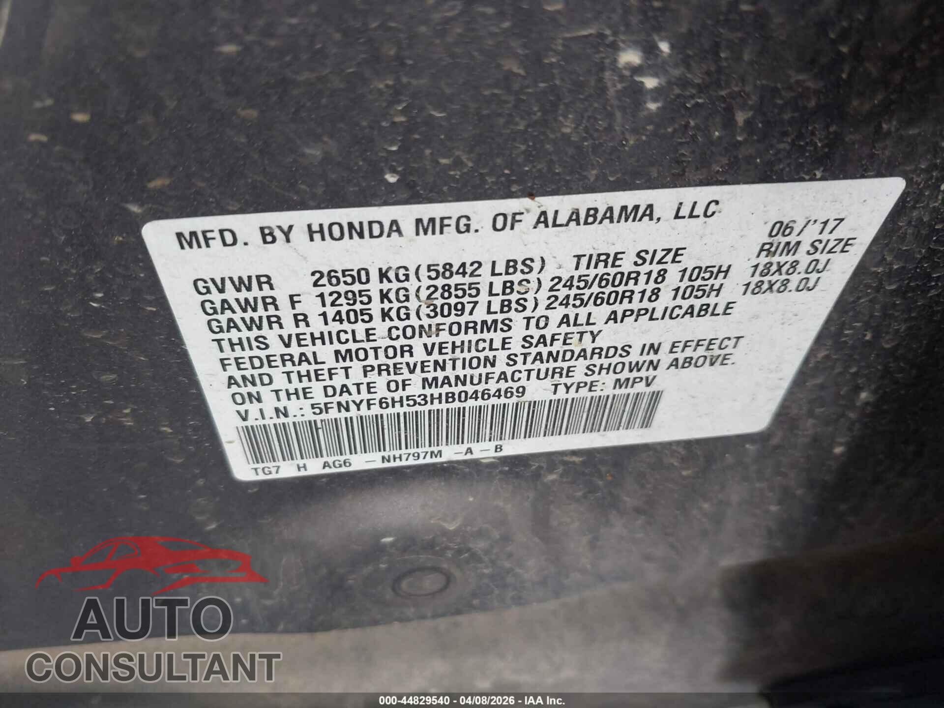 HONDA PILOT 2017 - 5FNYF6H53HB046469