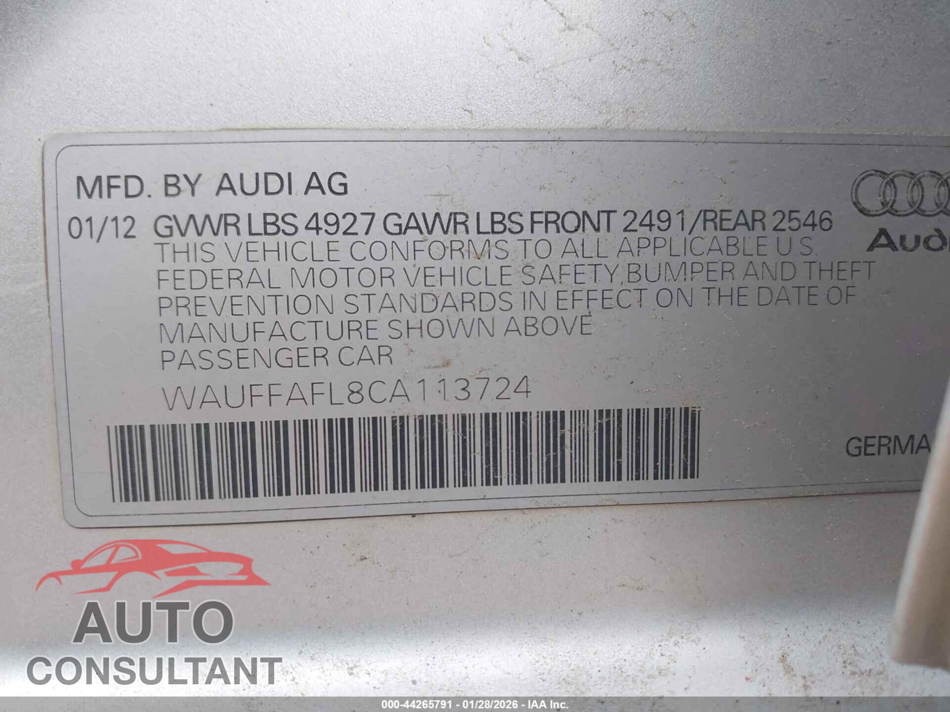 AUDI A4 2012 - WAUFFAFL8CA113724