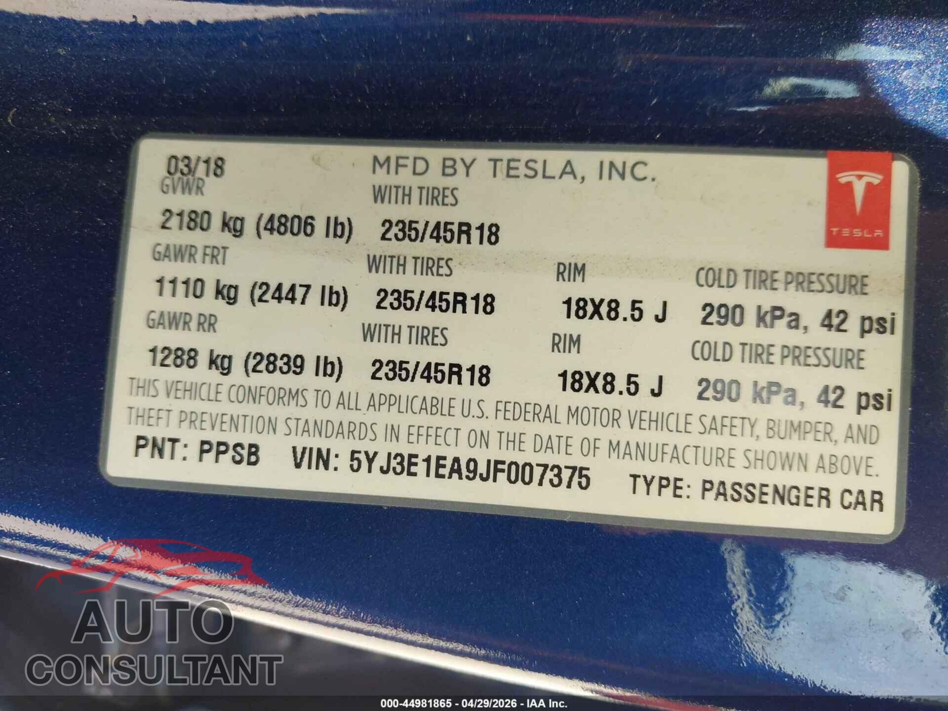 TESLA MODEL 3 2018 - 5YJ3E1EA9JF007375