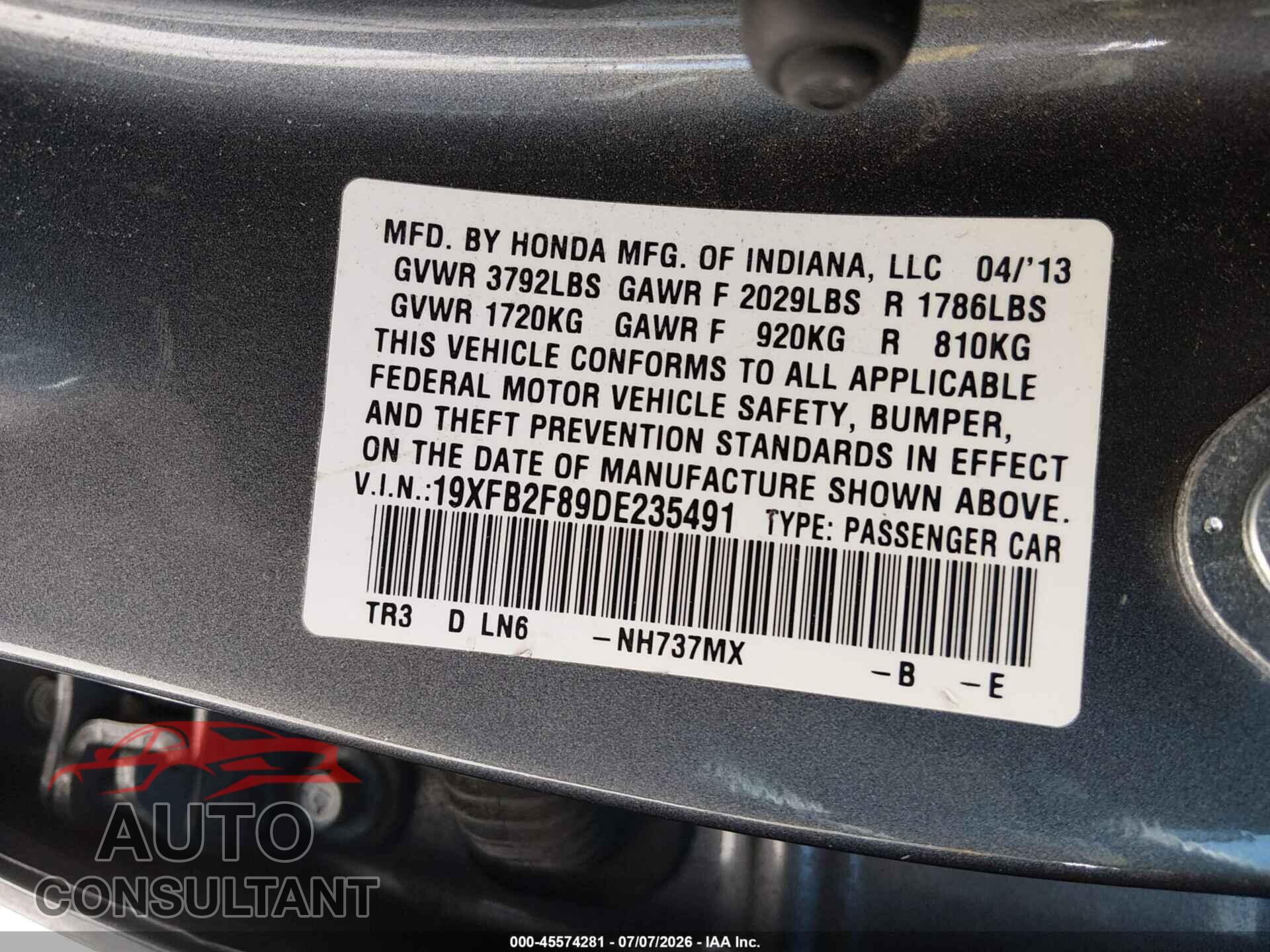 HONDA CIVIC 2013 - 19XFB2F89DE235491