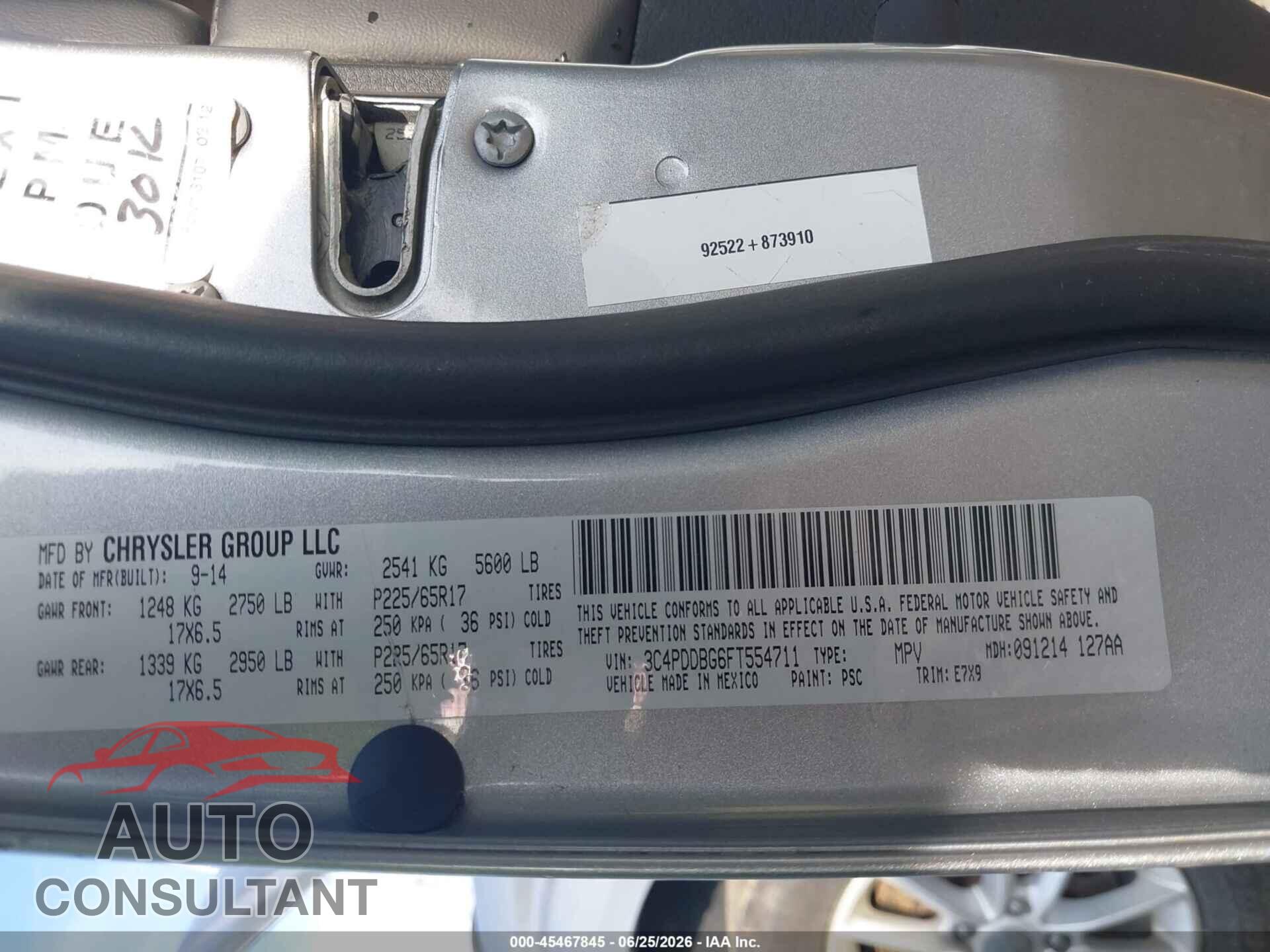 DODGE JOURNEY 2015 - 3C4PDDBG6FT554711