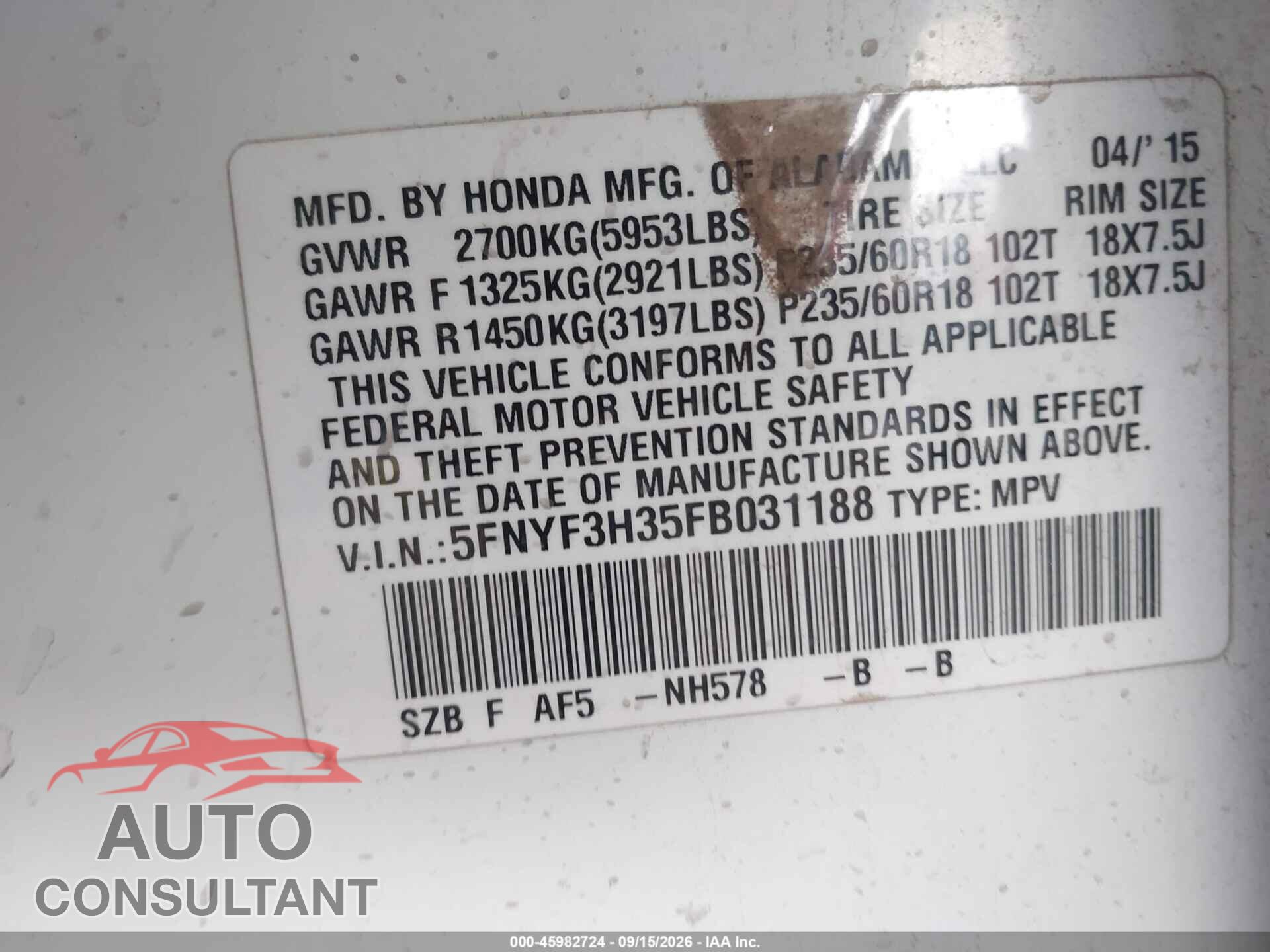 HONDA PILOT 2015 - 5FNYF3H35FB031188