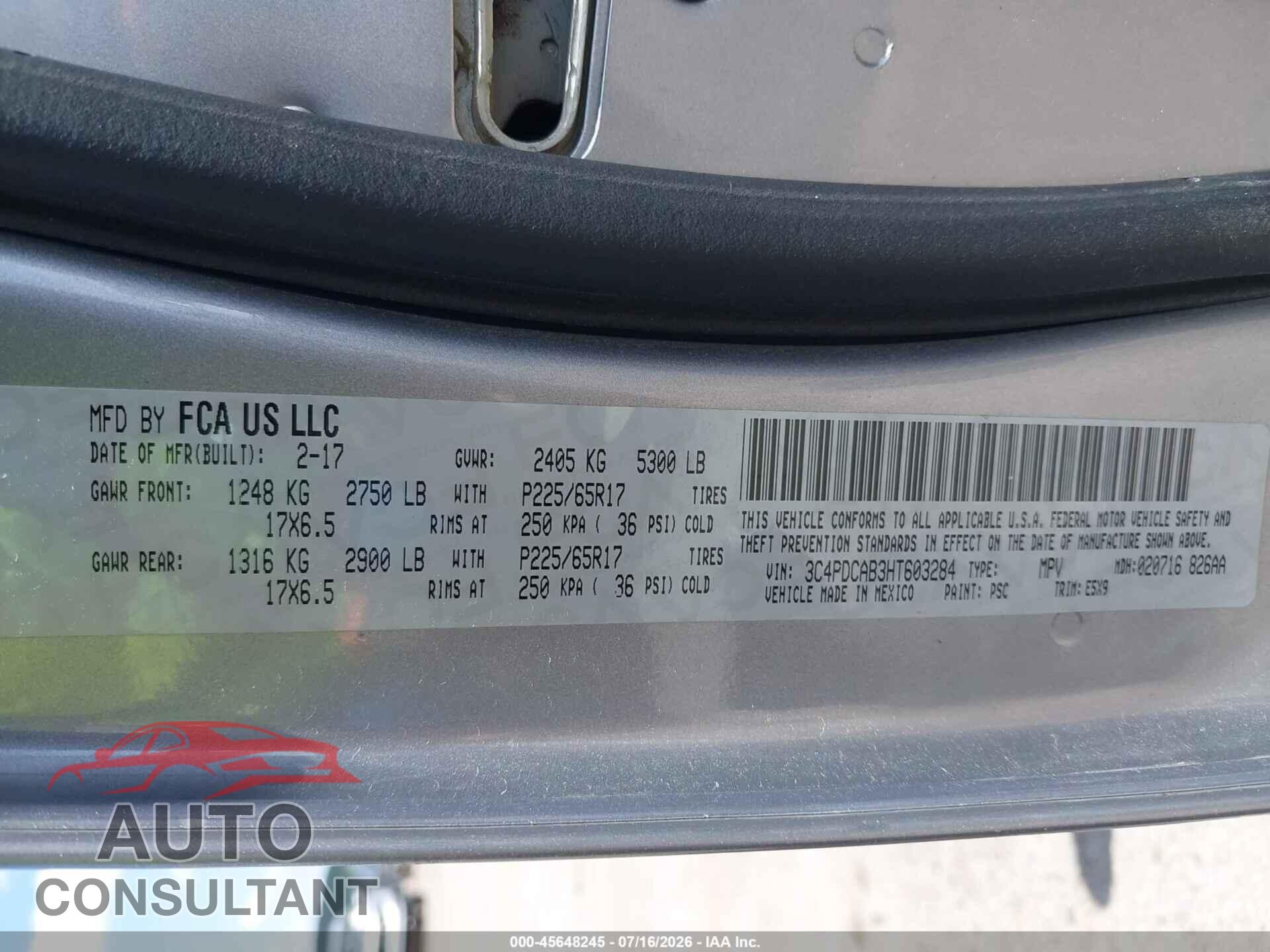 DODGE JOURNEY 2017 - 3C4PDCAB3HT603284