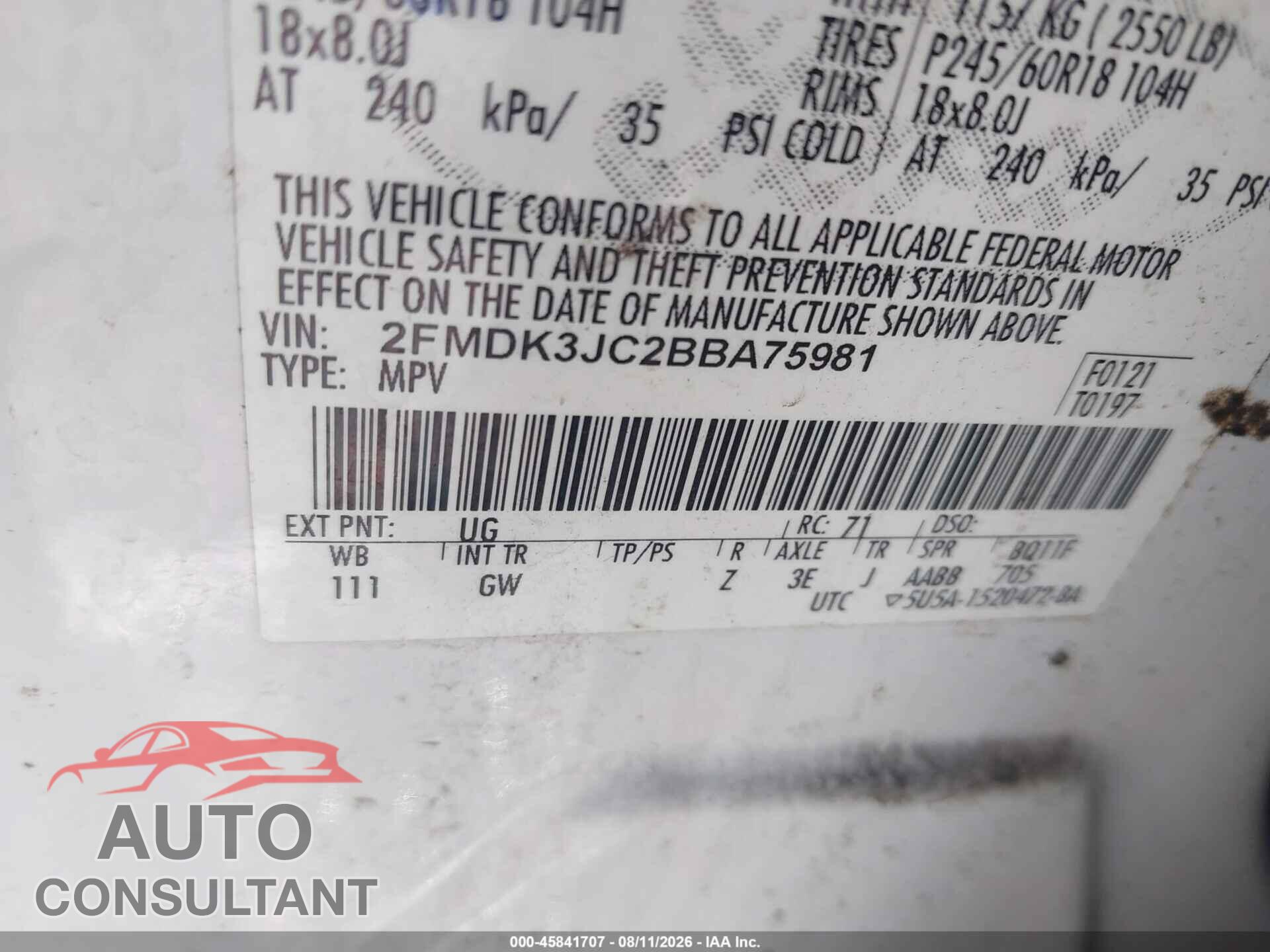 FORD EDGE 2011 - 2FMDK3JC2BBA75981
