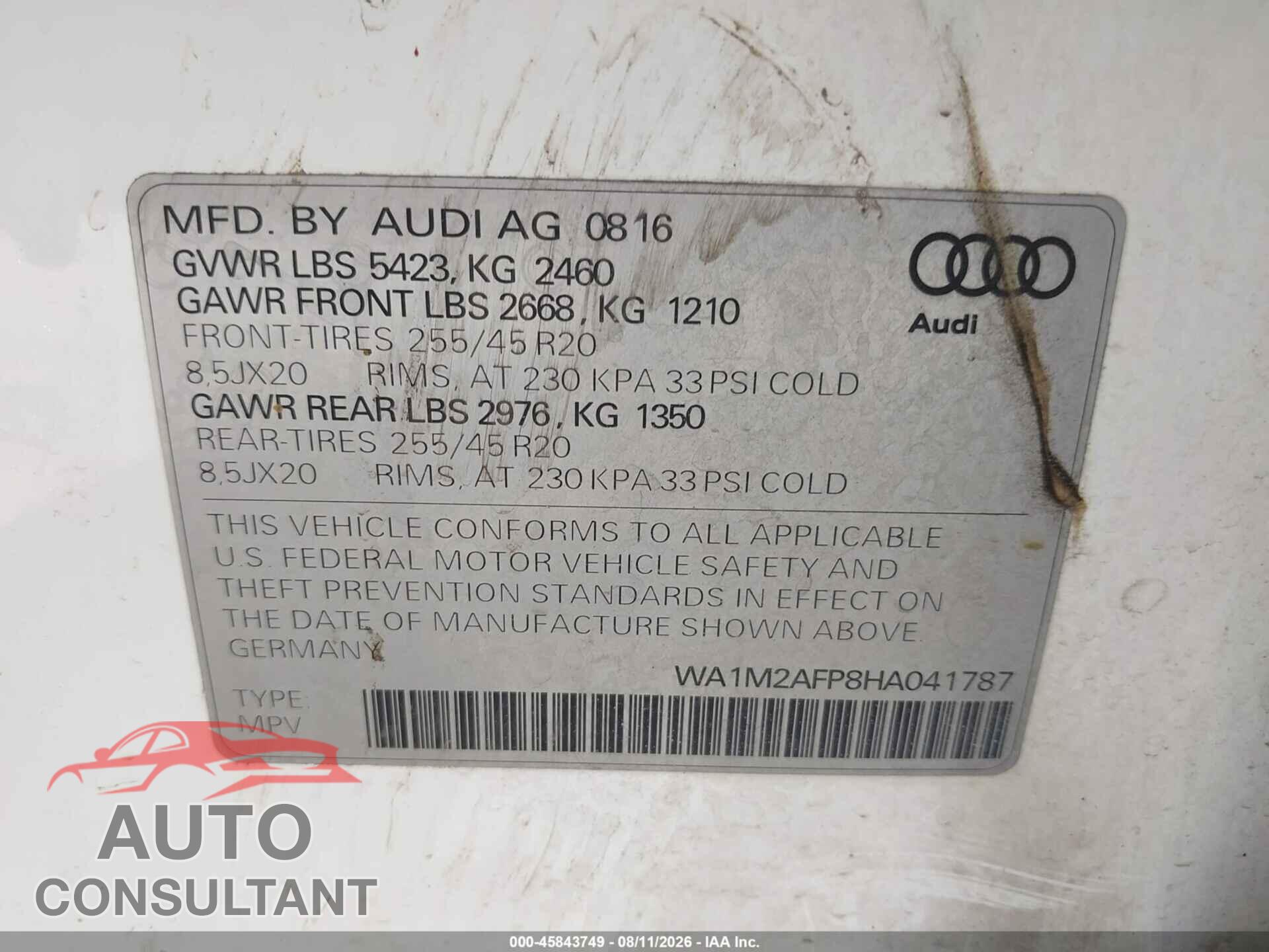 AUDI Q5 2017 - WA1M2AFP8HA041787