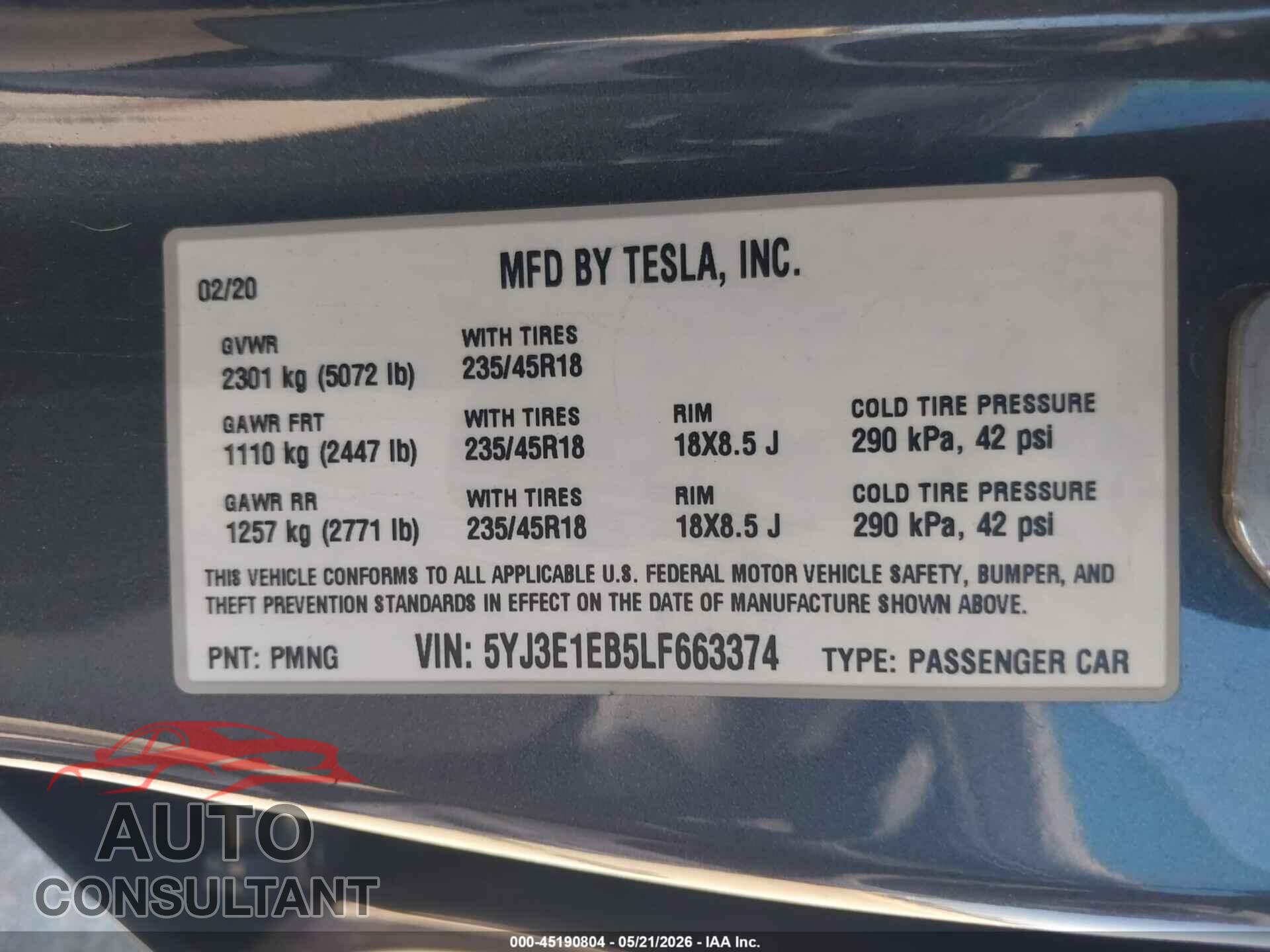 TESLA MODEL 3 2020 - 5YJ3E1EB5LF663374