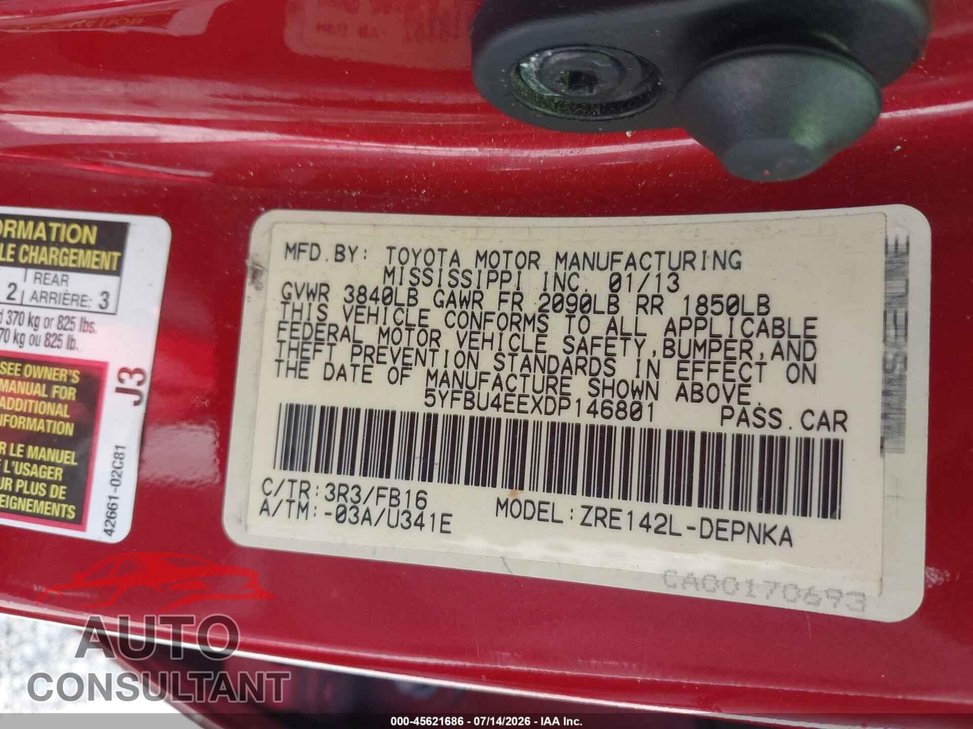TOYOTA COROLLA 2013 - 5YFBU4EEXDP146801