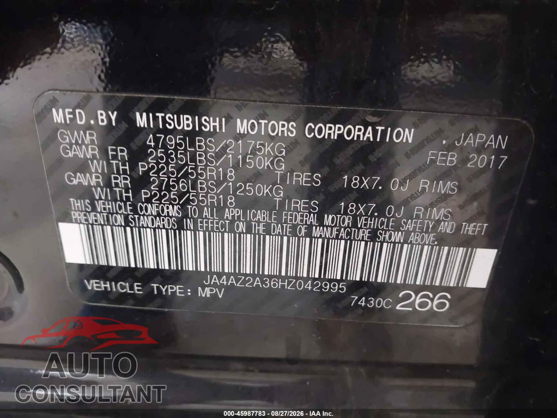MITSUBISHI OUTLANDER 2017 - JA4AZ2A36HZ042995