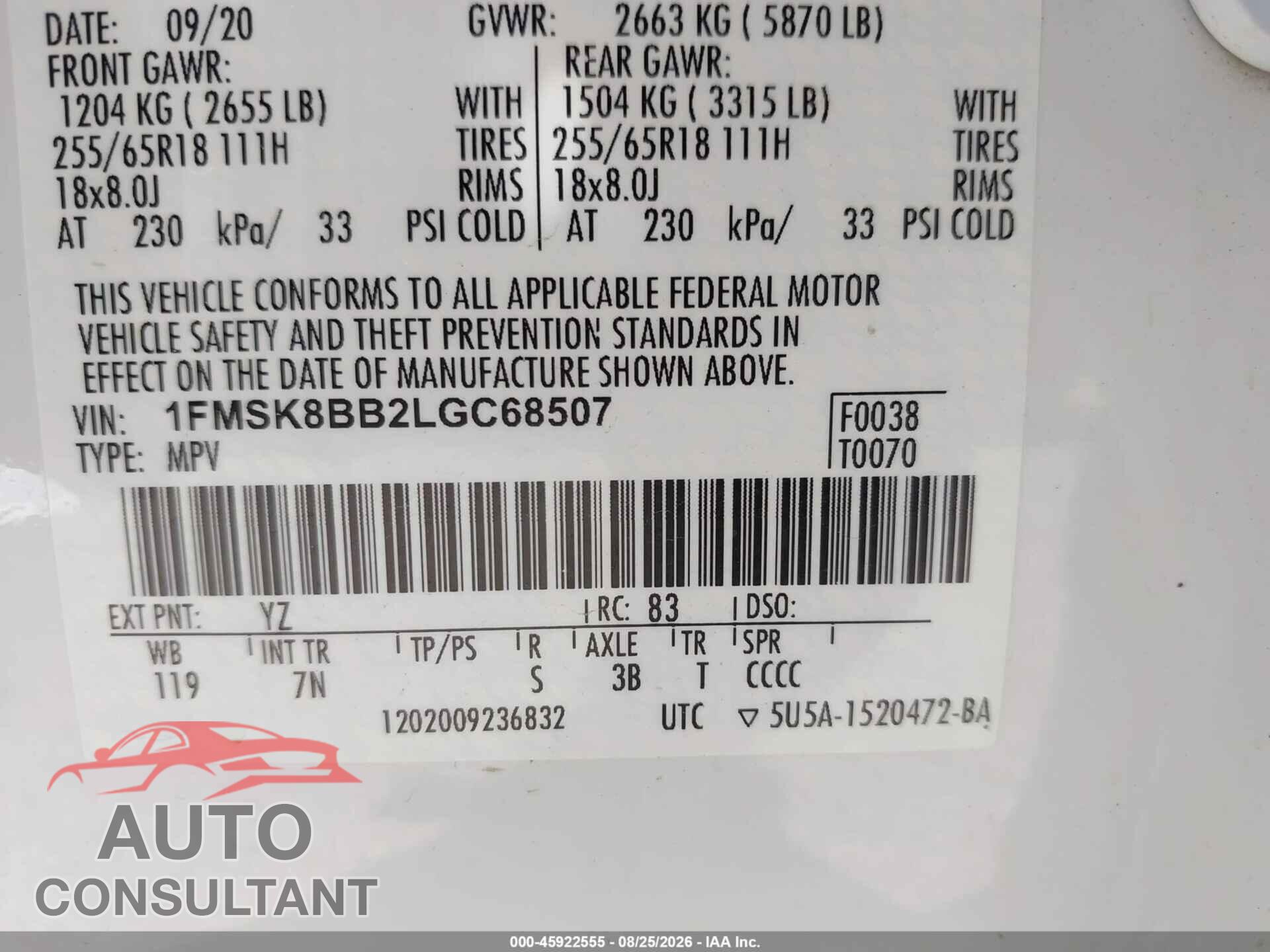 FORD EXPLORER 2020 - 1FMSK8BB2LGC68507