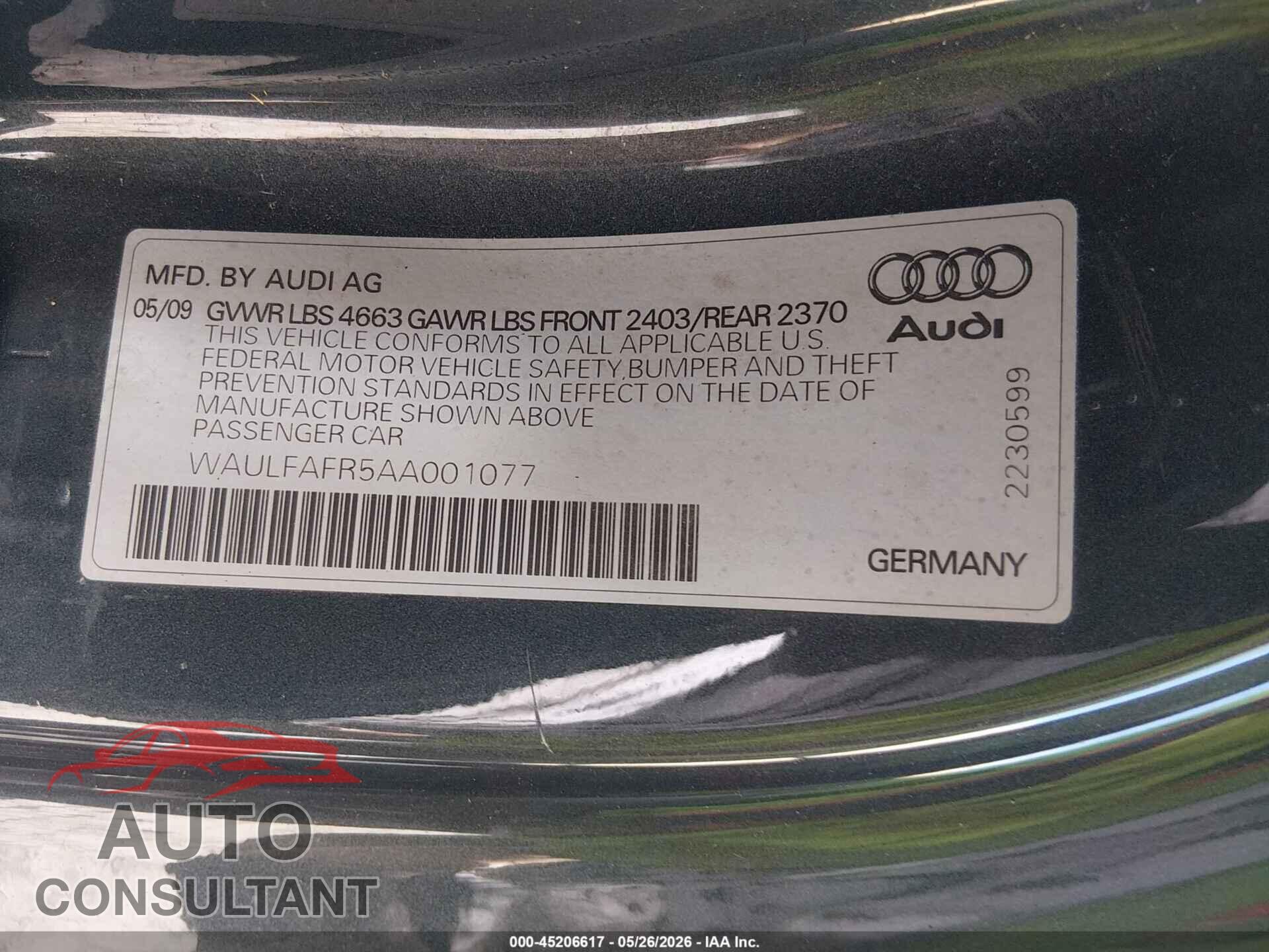 AUDI A5 2010 - WAULFAFR5AA001077