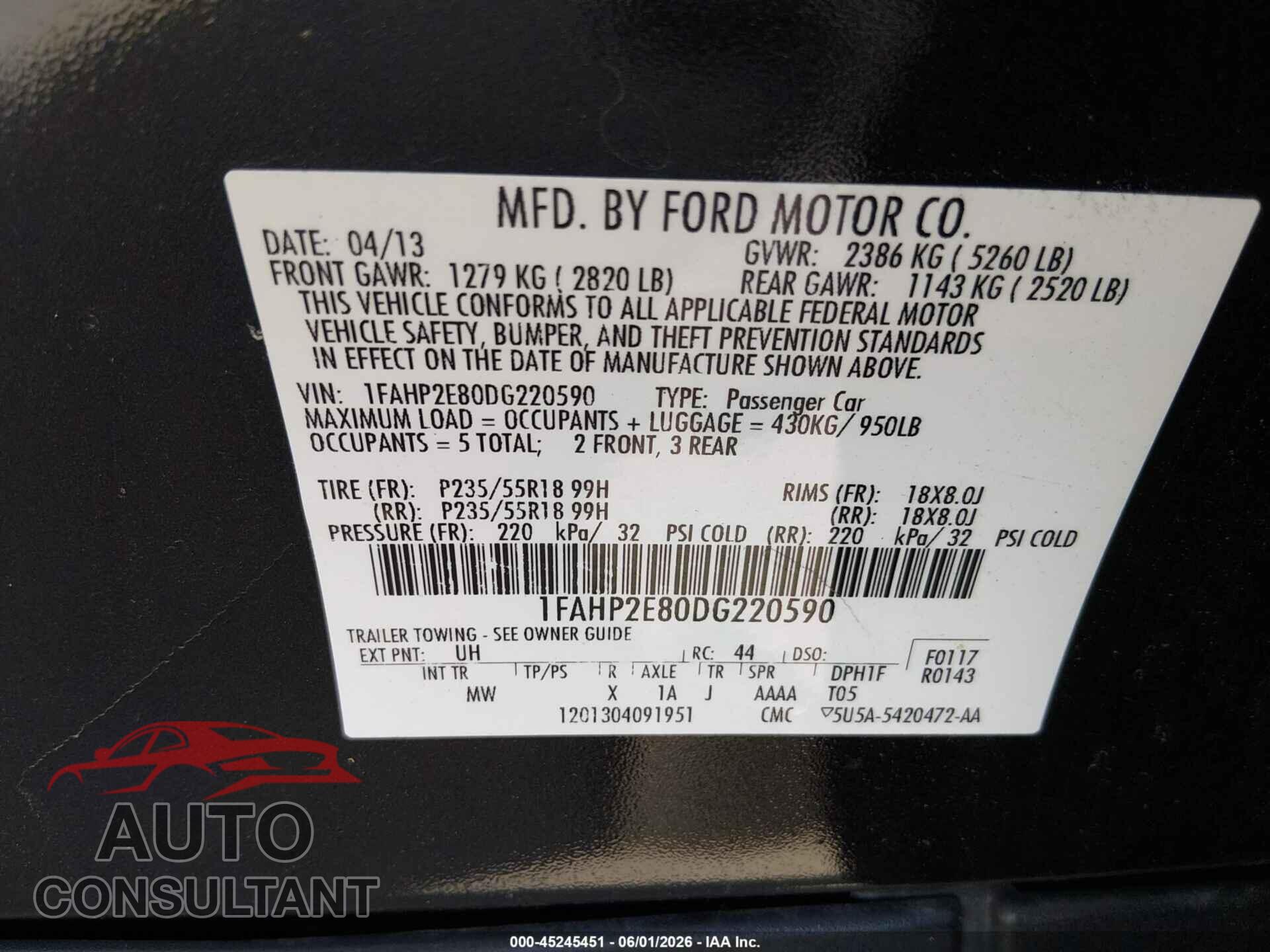 FORD TAURUS 2013 - 1FAHP2E80DG220590