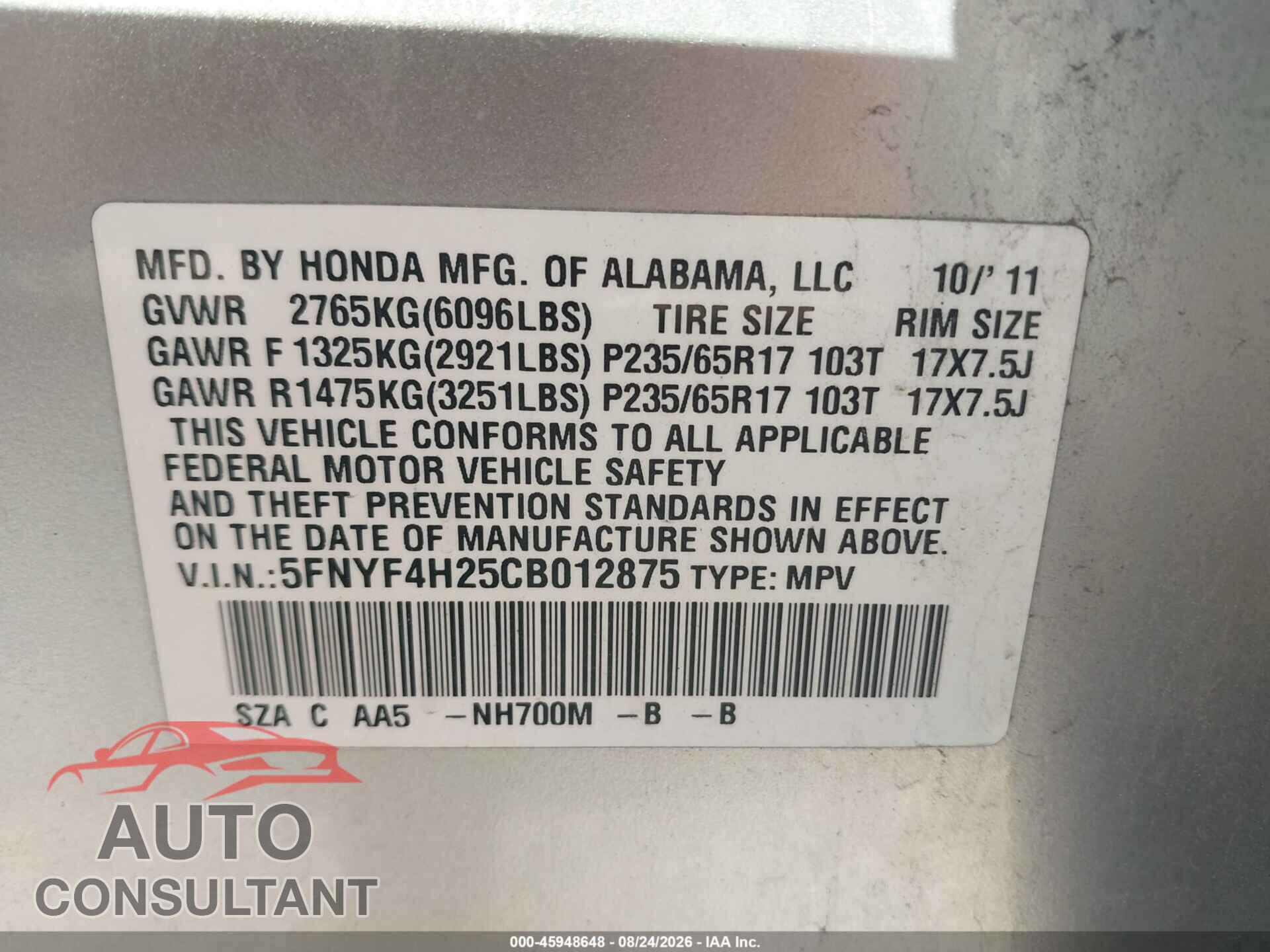 HONDA PILOT 2012 - 5FNYF4H25CB012875