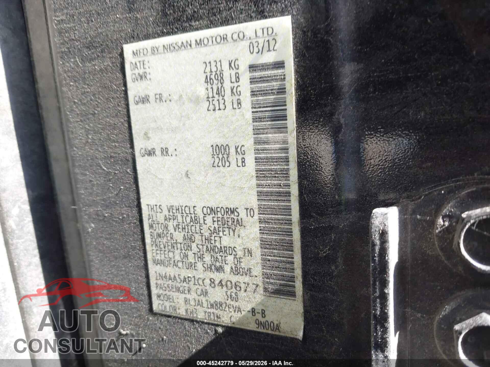 NISSAN MAXIMA 2012 - 1N4AA5AP1CC840677
