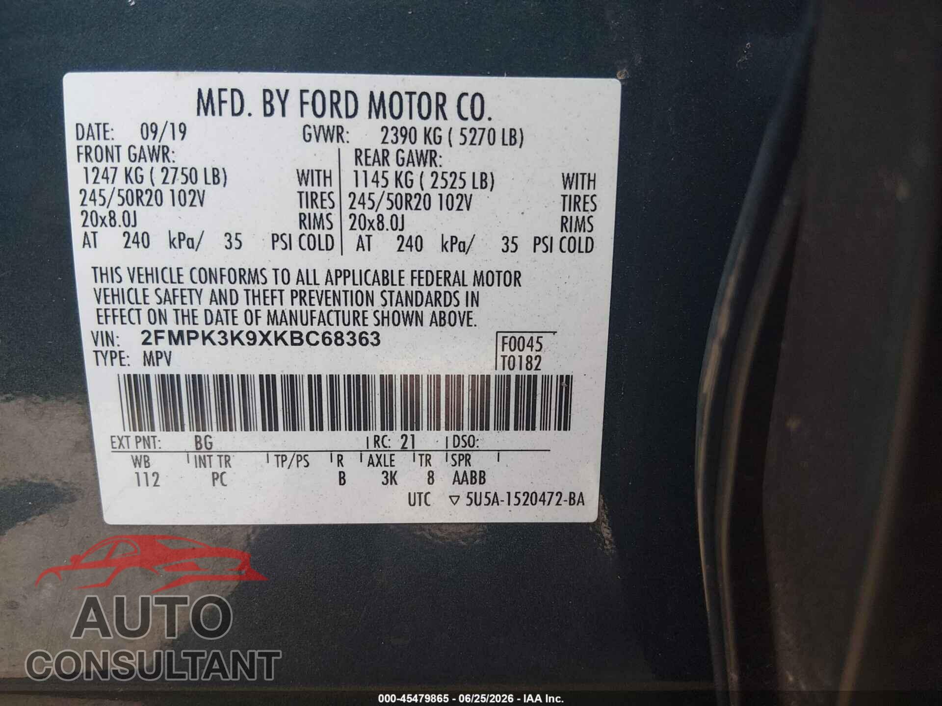 FORD EDGE 2019 - 2FMPK3K9XKBC68363