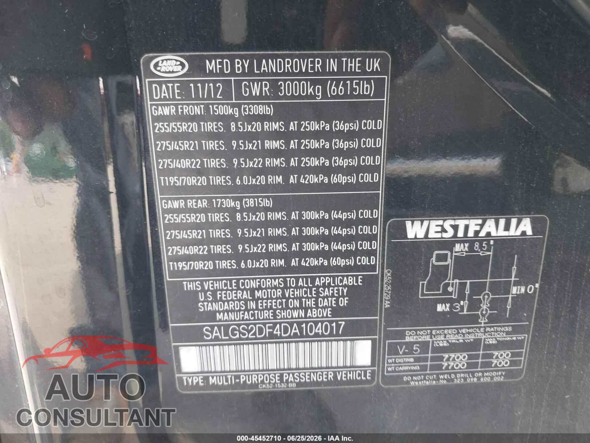 LAND ROVER RANGE ROVER 2013 - SALGS2DF4DA104017