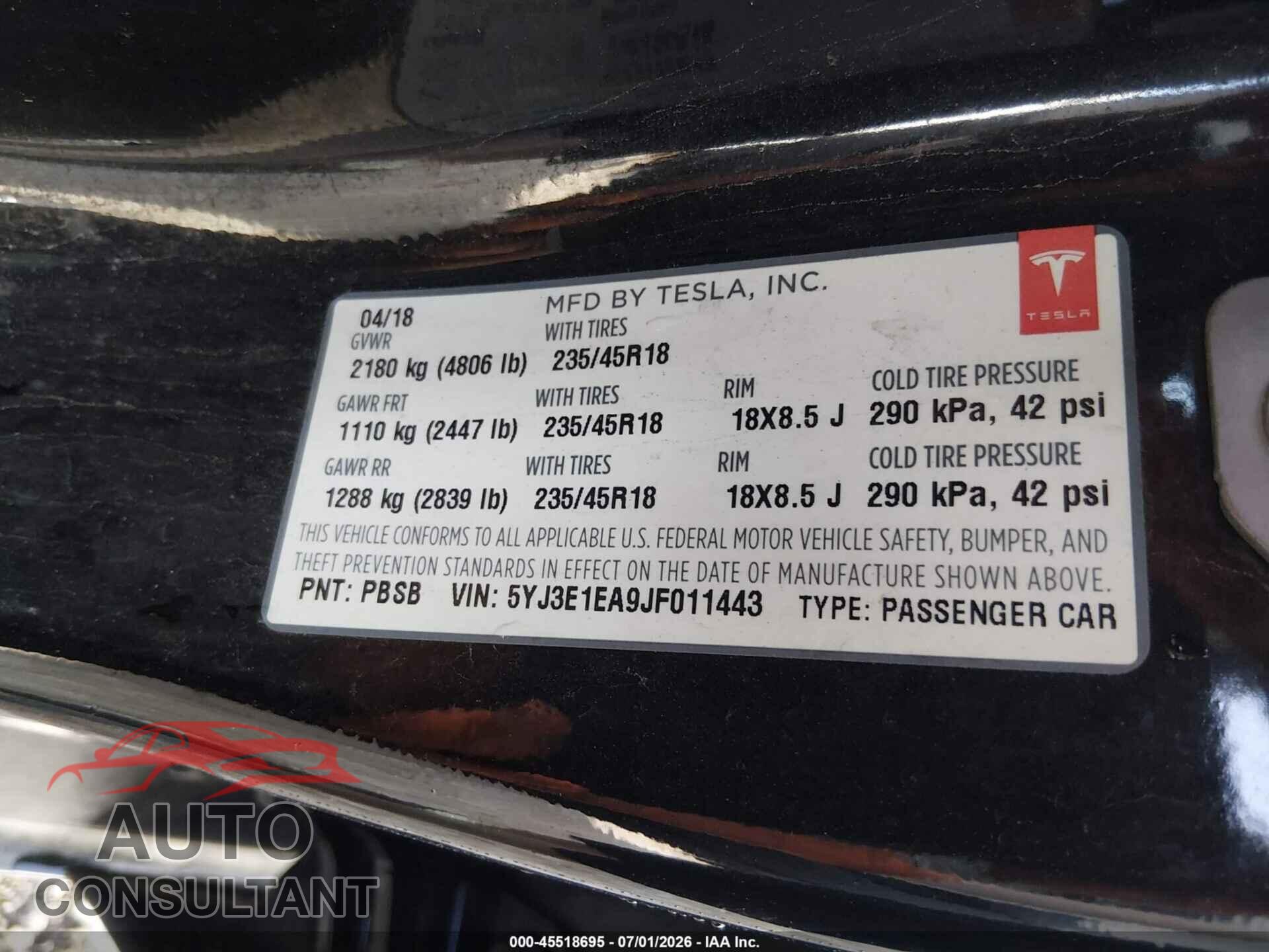 TESLA MODEL 3 2018 - 5YJ3E1EA9JF011443