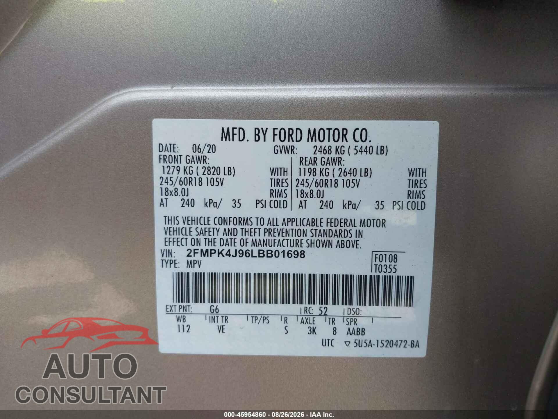 FORD EDGE 2020 - 2FMPK4J96LBB01698