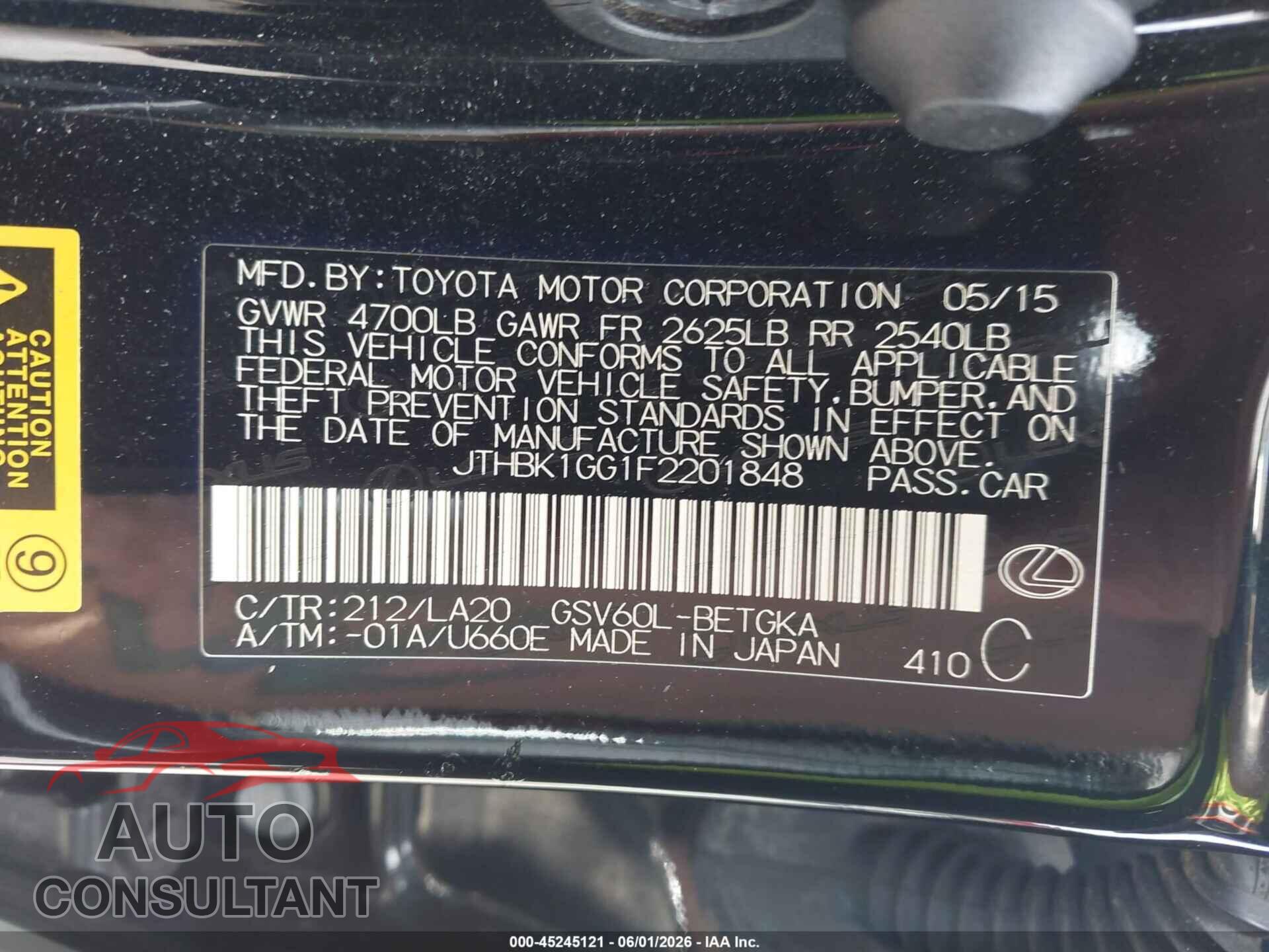 LEXUS ES 350 2015 - JTHBK1GG1F2201848