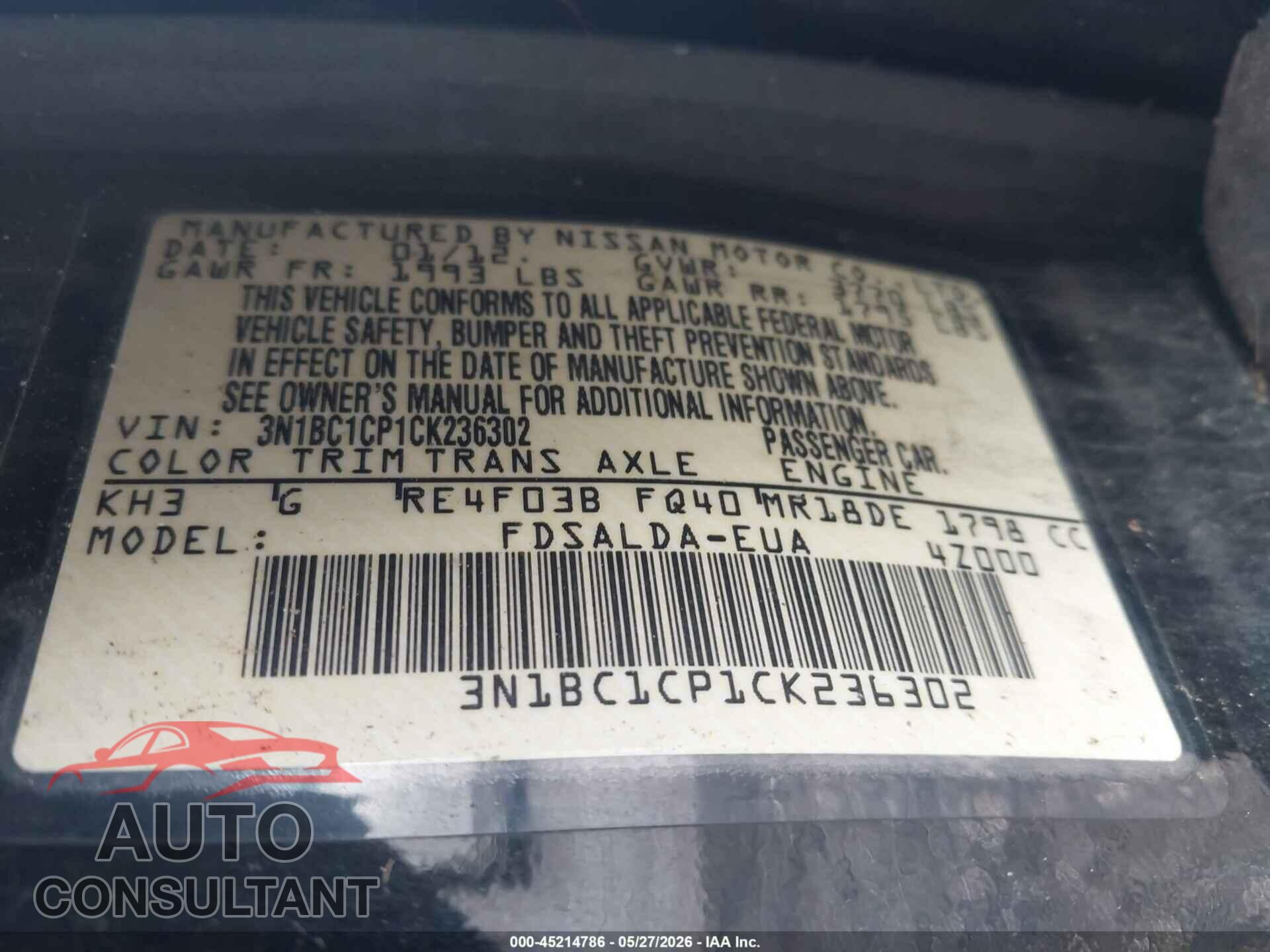 NISSAN VERSA 2012 - 3N1BC1CP1CK236302