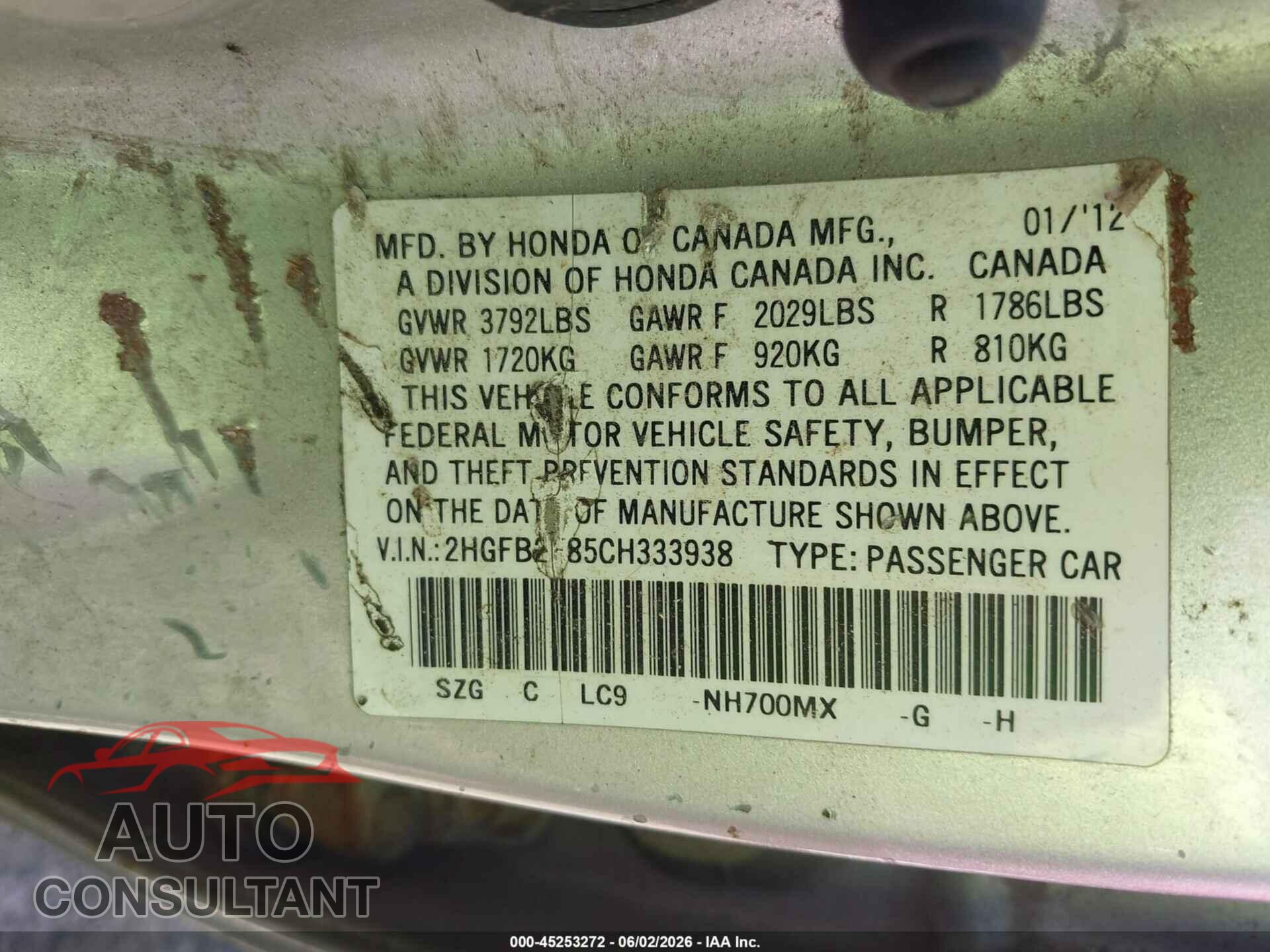HONDA CIVIC 2012 - 2HGFB2F85CH333938