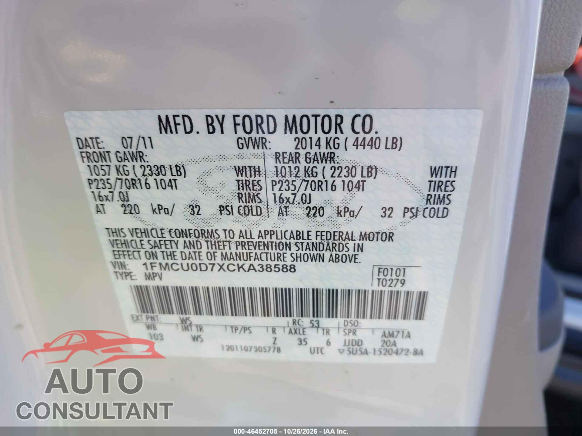 FORD ESCAPE 2012 - 1FMCU0D7XCKA38588