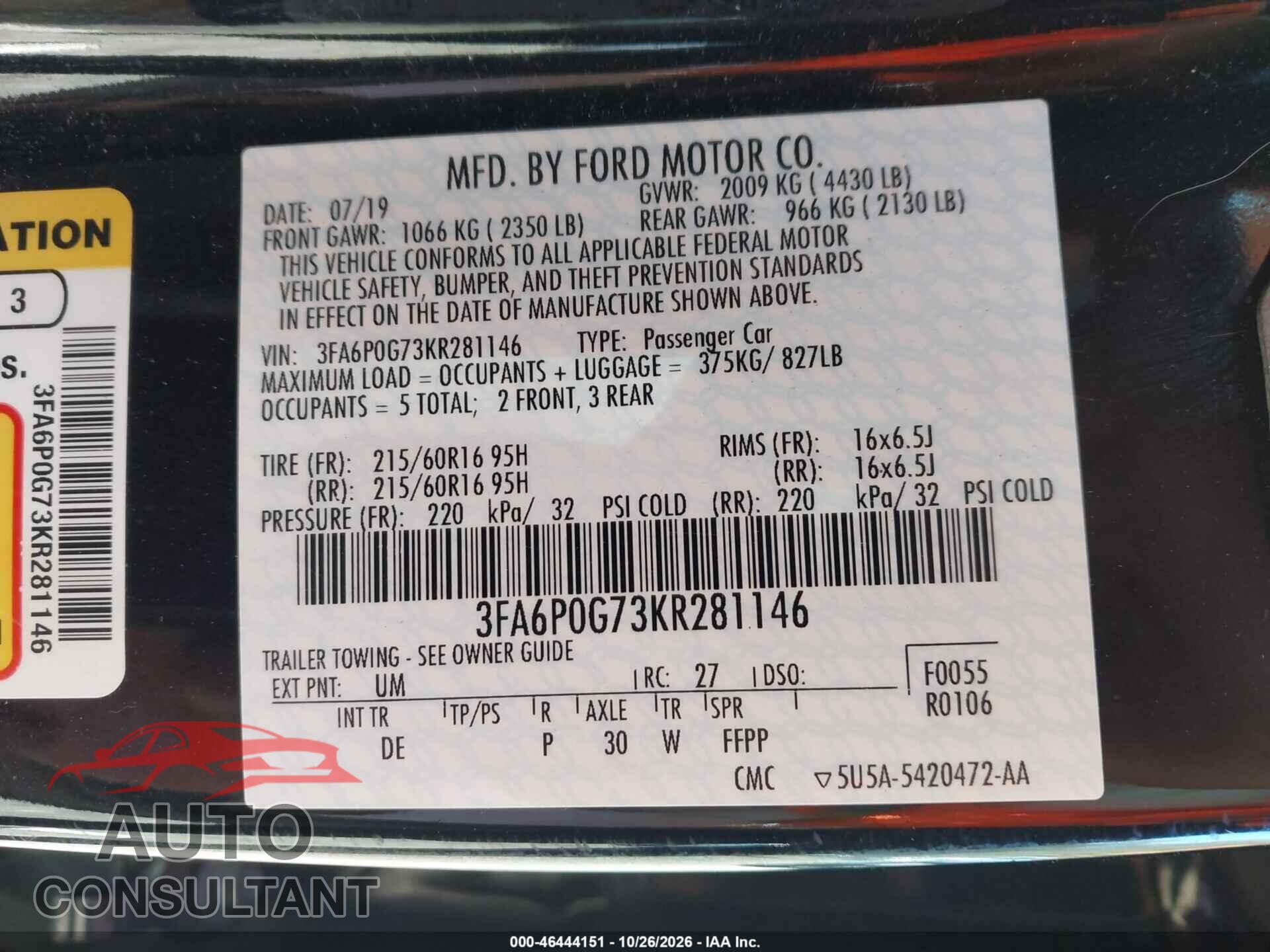 FORD FUSION 2019 - 3FA6P0G73KR281146