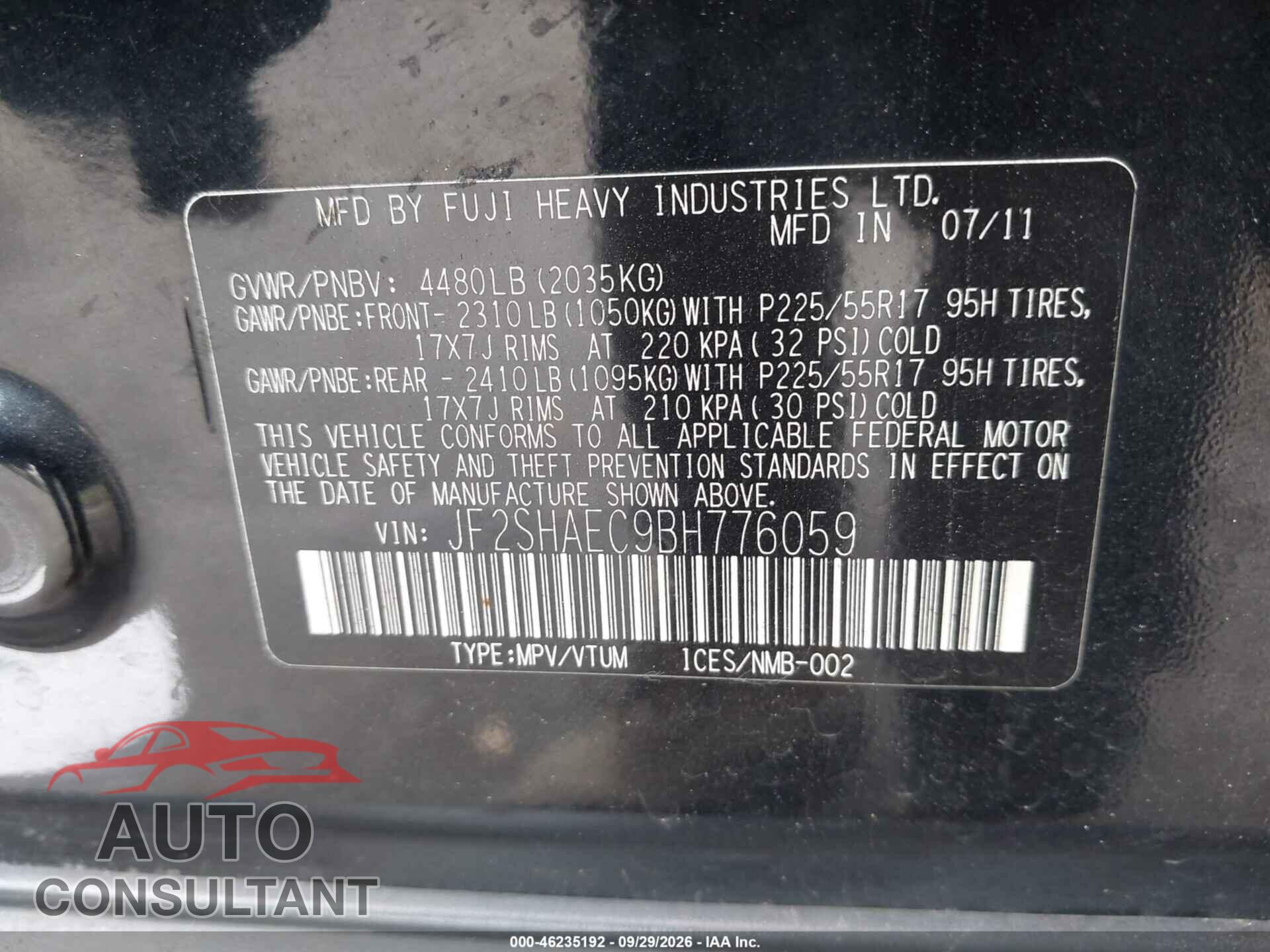 SUBARU FORESTER 2011 - JF2SHAEC9BH776059