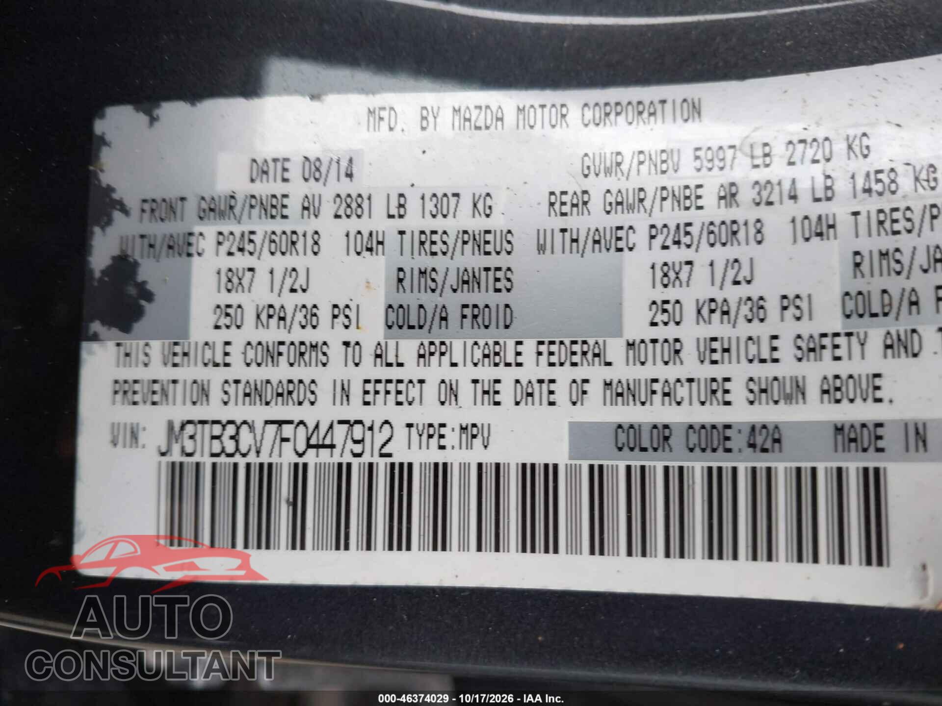 MAZDA CX-9 2015 - JM3TB3CV7F0447912