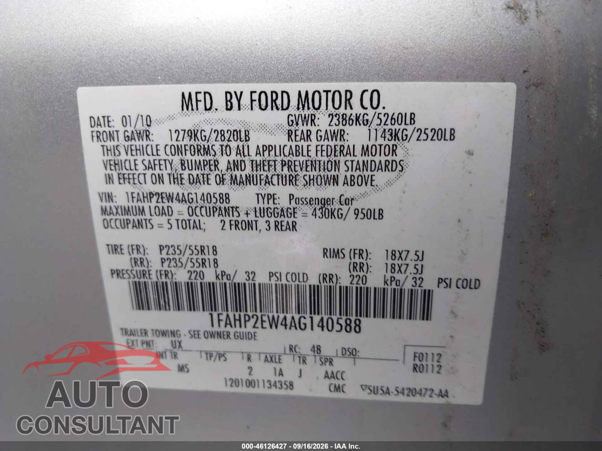 FORD TAURUS 2010 - 1FAHP2EW4AG140588