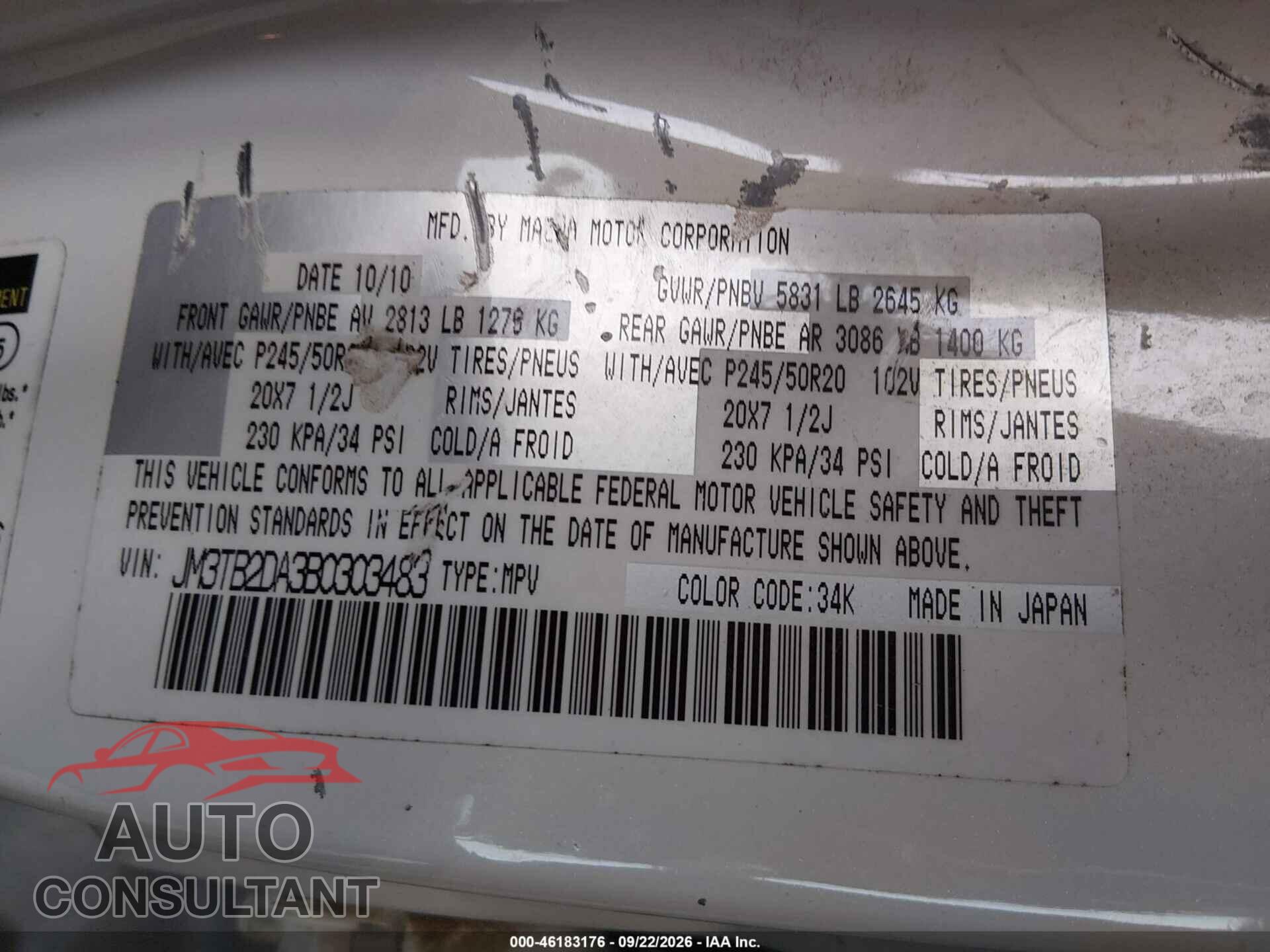 MAZDA CX-9 2011 - JM3TB2DA3B0303483