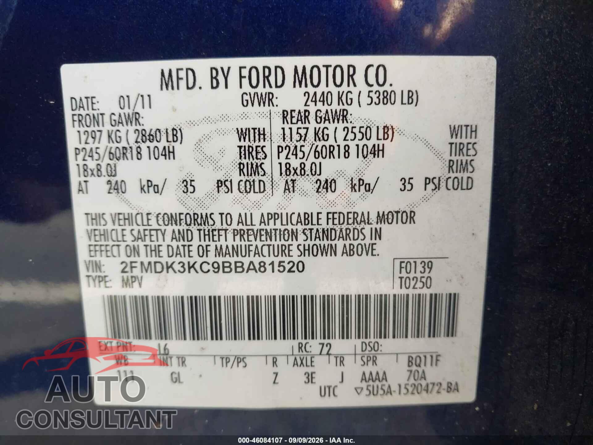 FORD EDGE 2011 - 2FMDK3KC9BBA81520