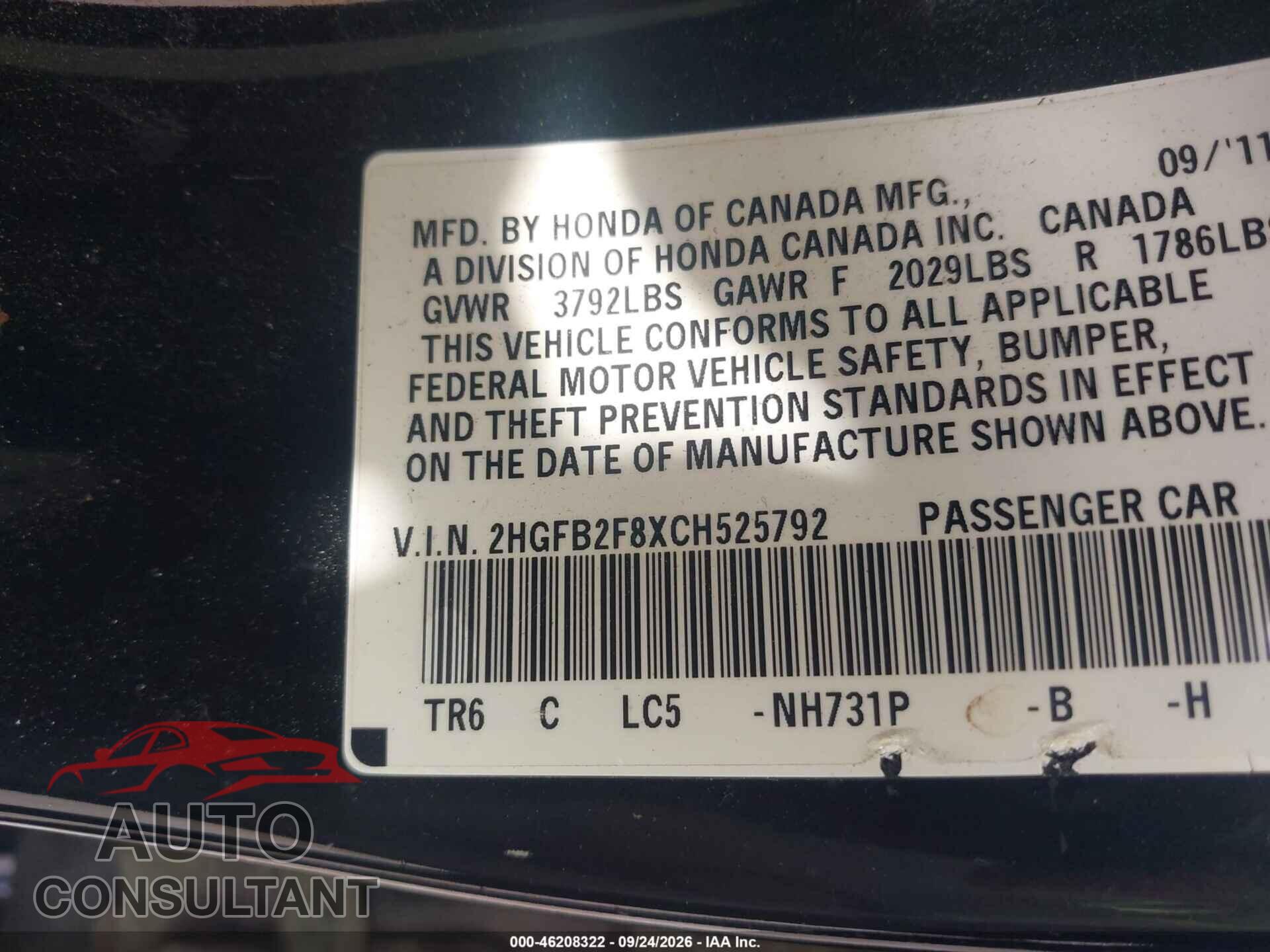 HONDA CIVIC SDN 2012 - 2HGFB2F8XCH525792