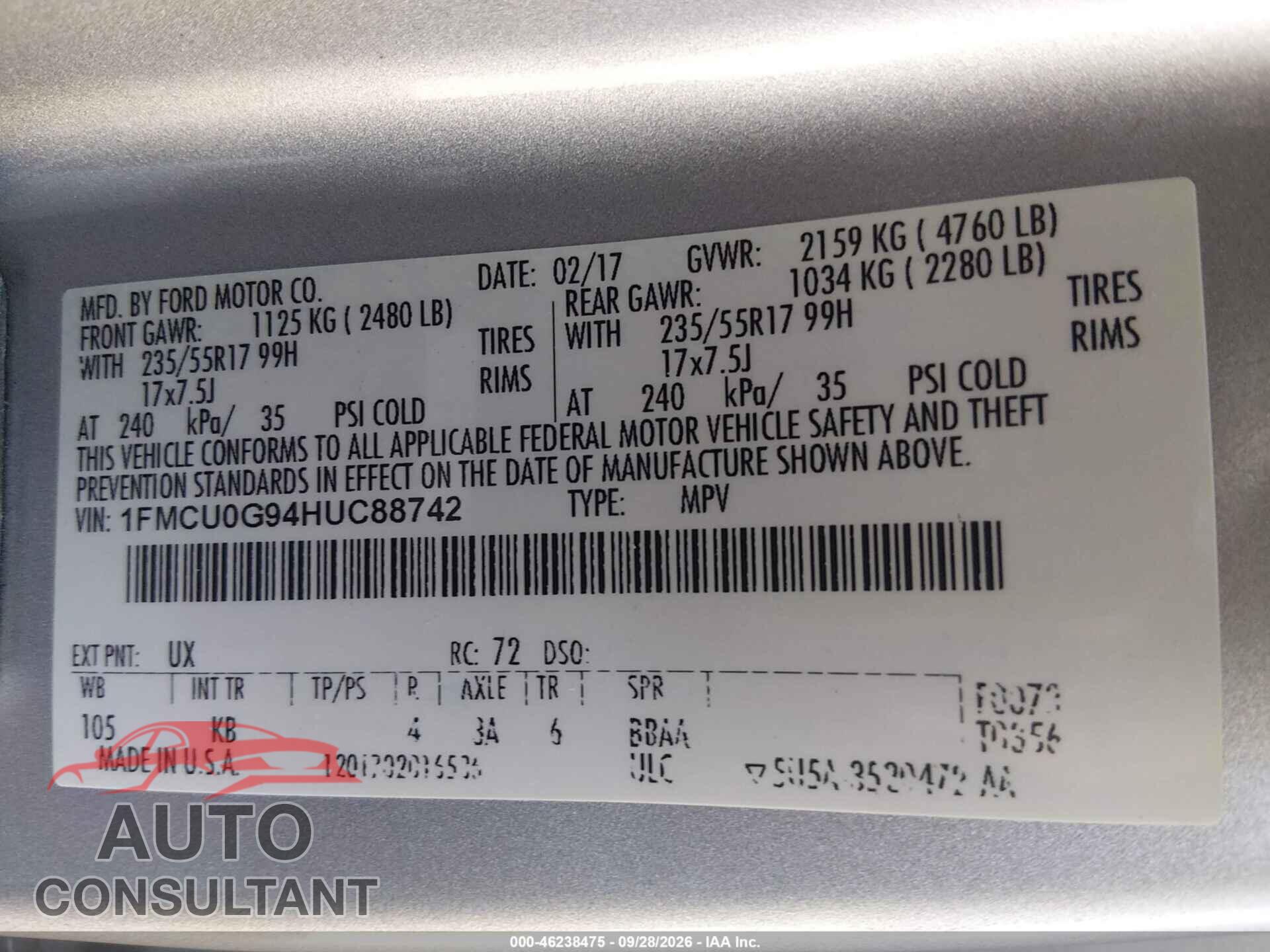 FORD ESCAPE 2017 - 1FMCU0G94HUC88742