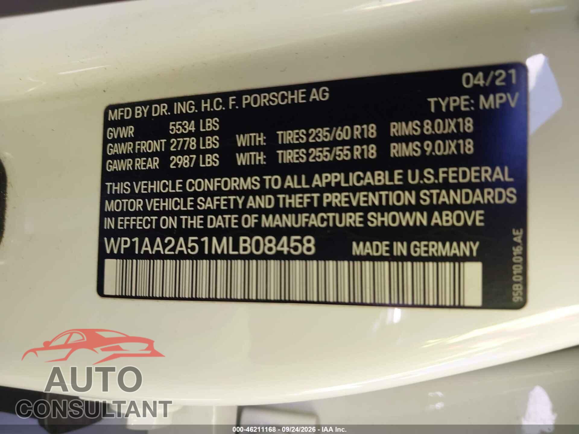 PORSCHE MACAN 2021 - WP1AA2A51MLB08458