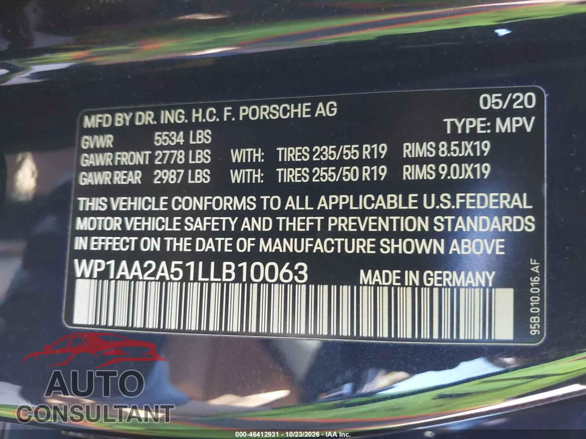 PORSCHE MACAN 2020 - WP1AA2A51LLB10063