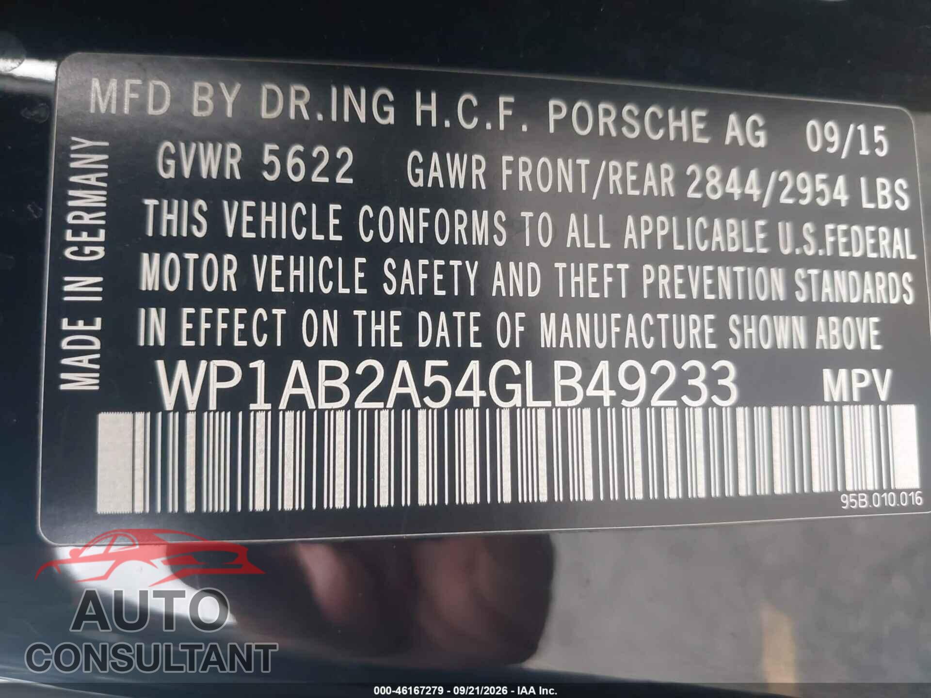 PORSCHE MACAN 2016 - WP1AB2A54GLB49233