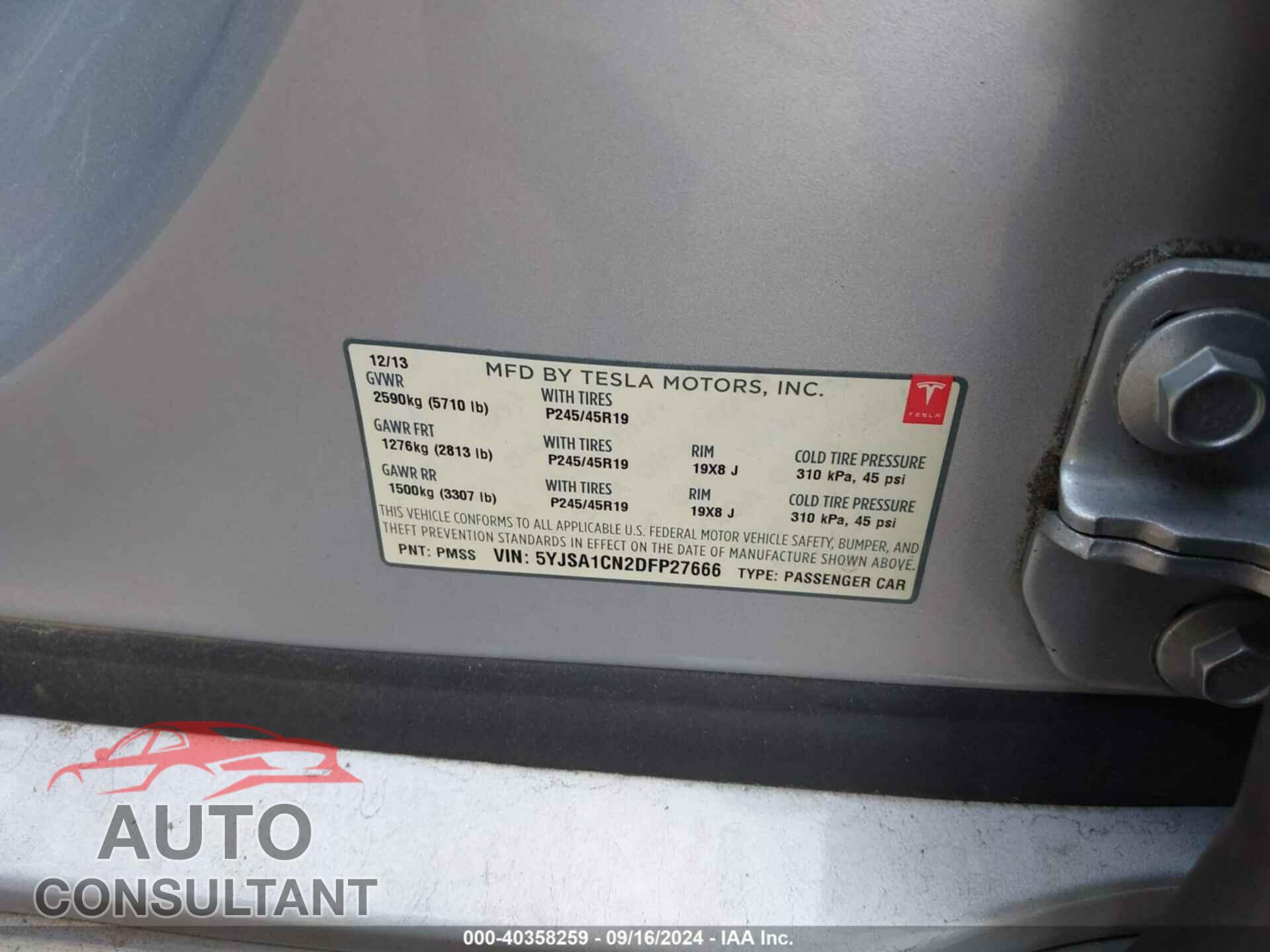 TESLA MODEL S 2013 - 5YJSA1CN2DFP27666