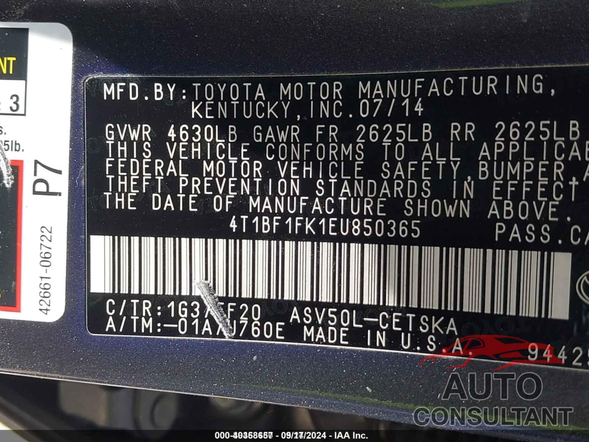 TOYOTA CAMRY 2014 - 4T1BF1FK1EU850365
