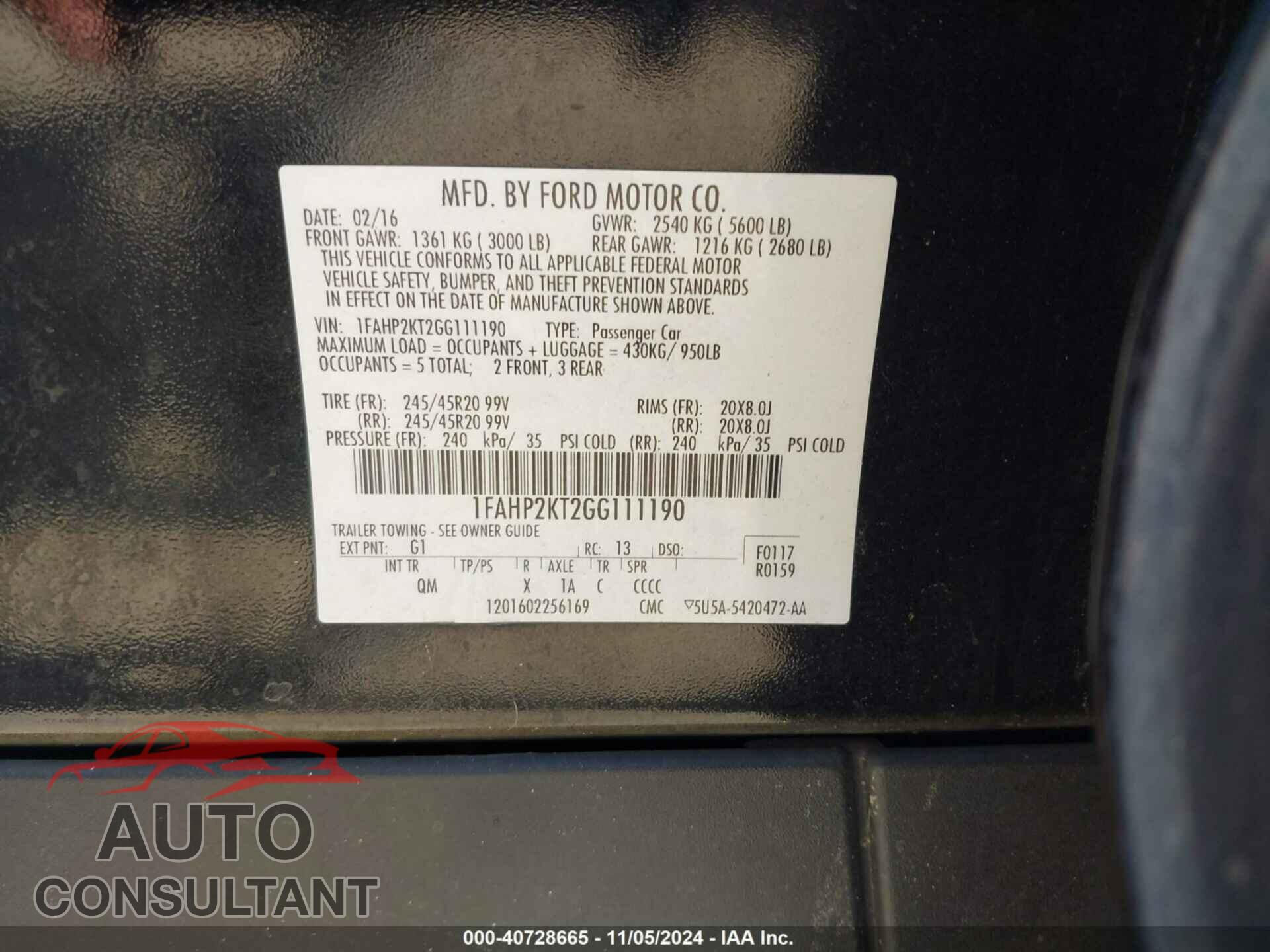 FORD TAURUS 2016 - 1FAHP2KT2GG111190