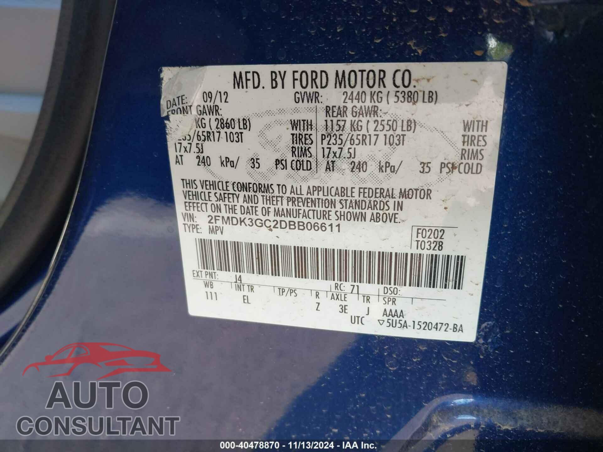 FORD EDGE 2013 - 2FMDK3GC2DBB06611