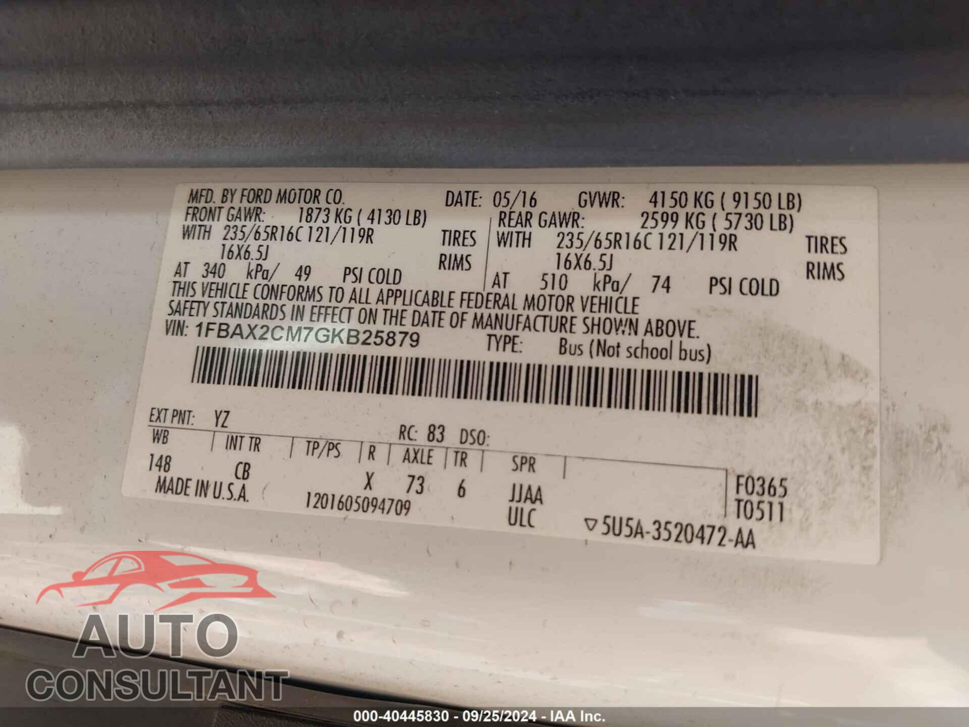 FORD TRANSIT-350 2016 - 1FBAX2CM7GKB25879