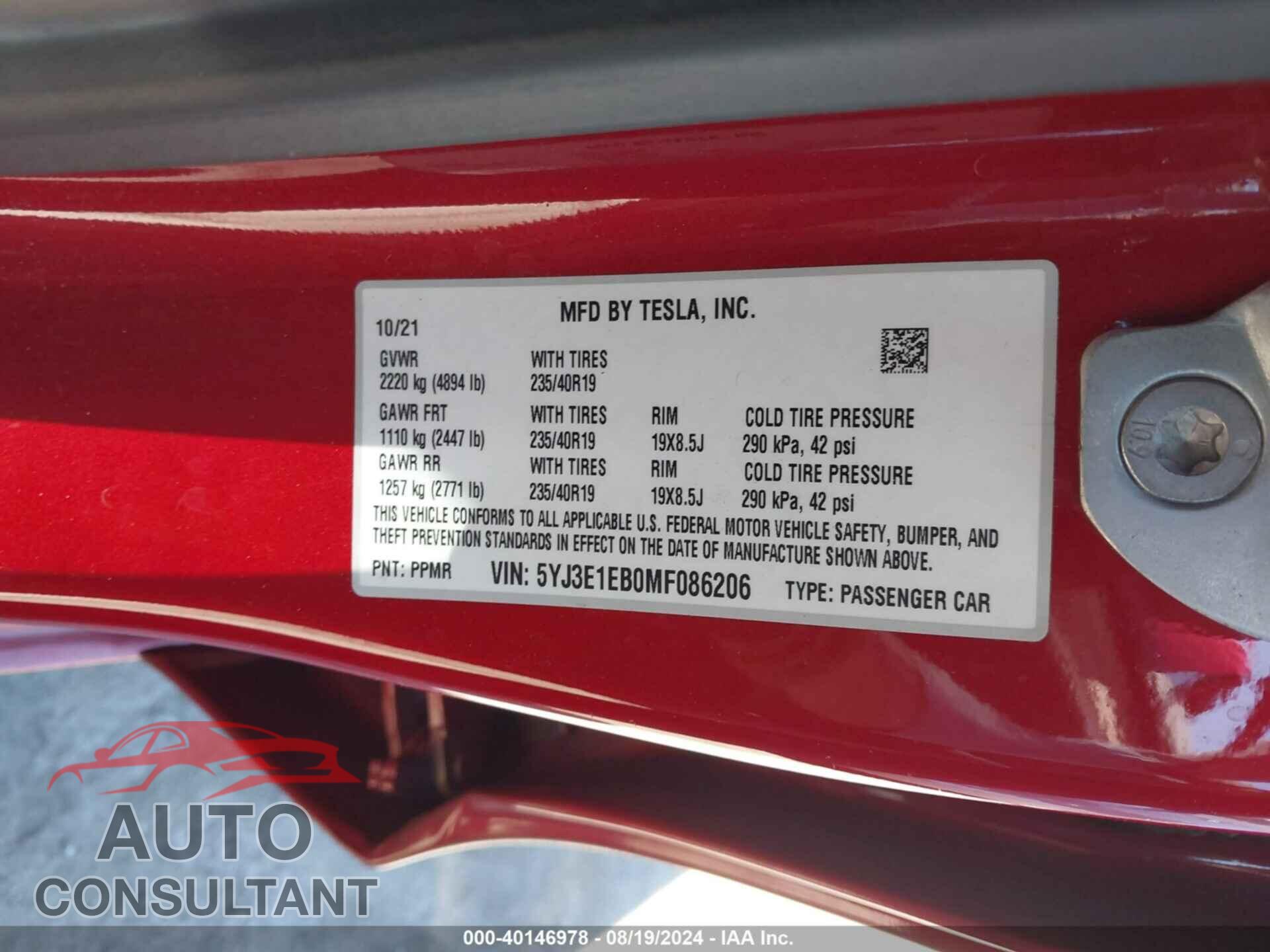 TESLA MODEL 3 2021 - 5YJ3E1EB0MF086206