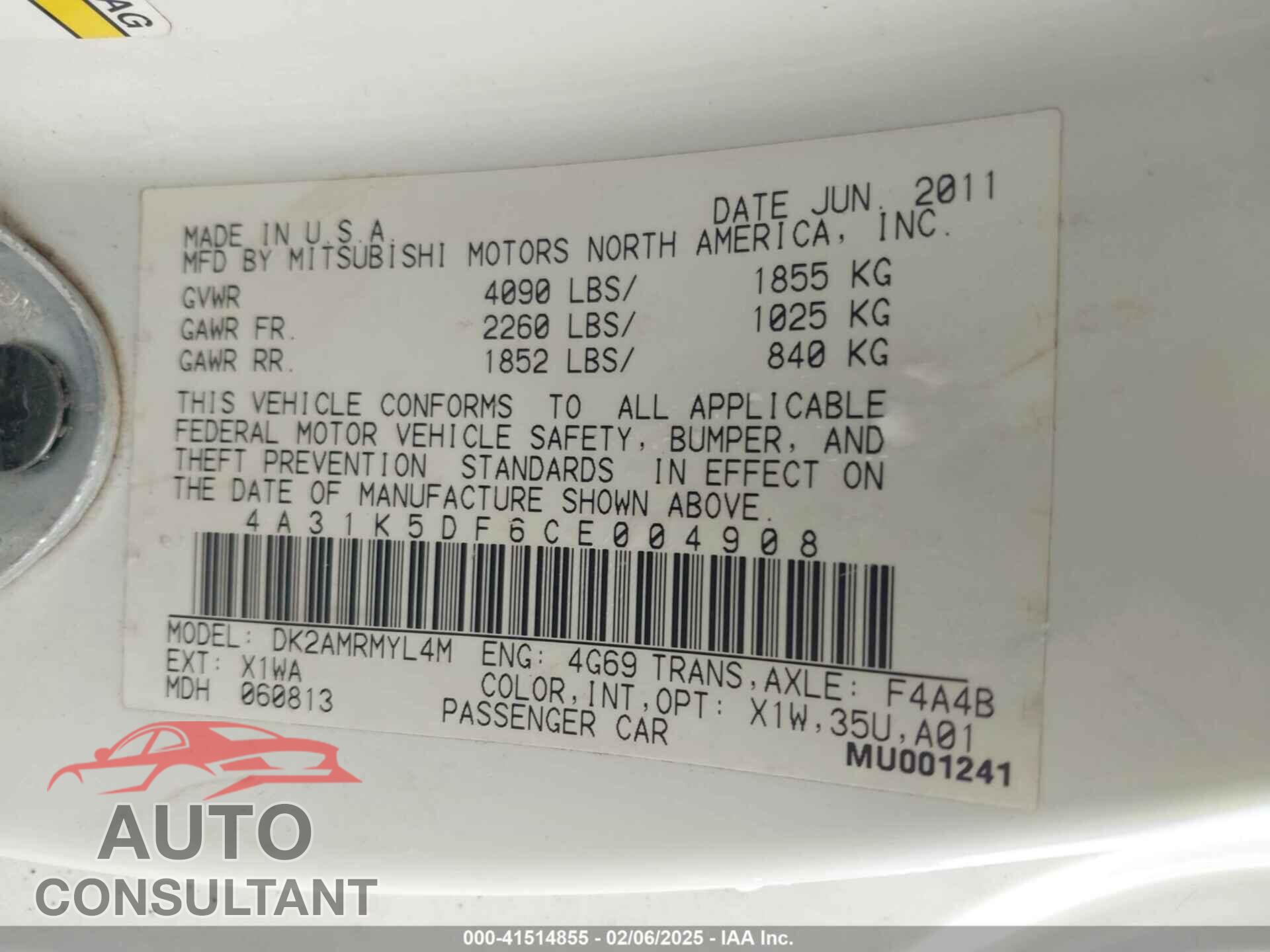 MITSUBISHI ECLIPSE 2012 - 4A31K5DF6CE004908